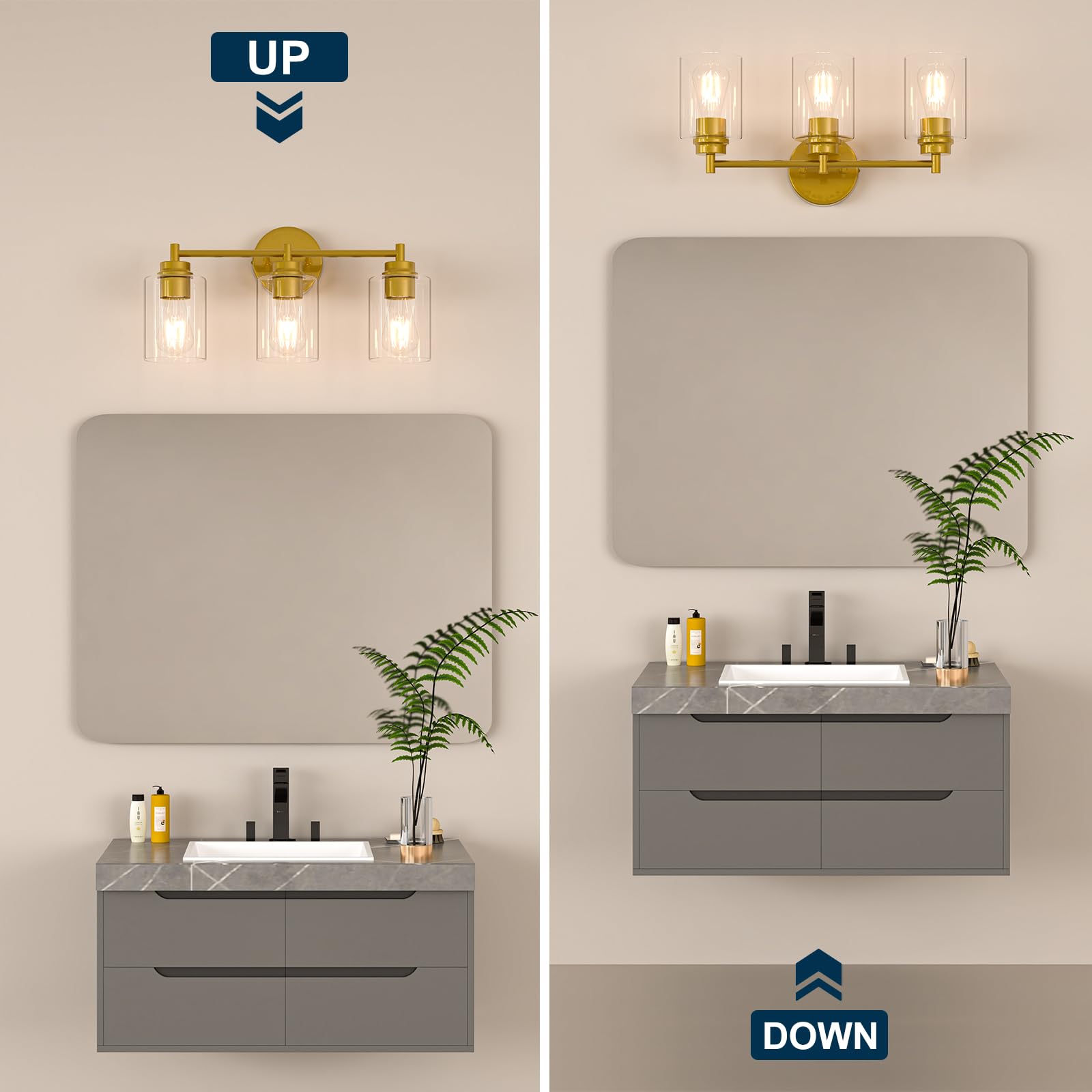 Sobrovo Bathroom Vanity Light Fixtures, 3-Light Brushed Gold Wall Sconce With Clear Glass, Modern Vanity Lights Over Mirror For