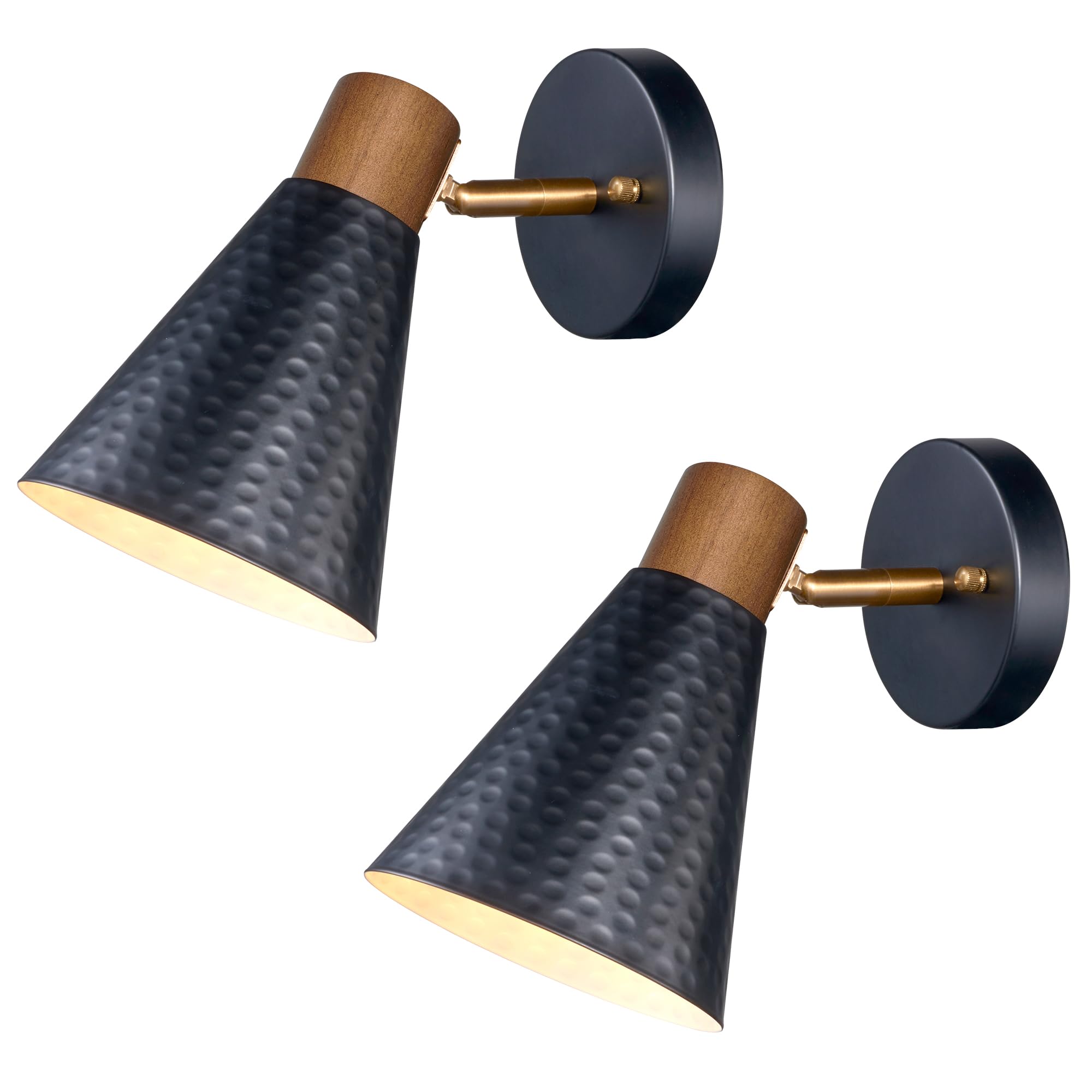Dsmjfu Black Wall Sconces Set Of Two, Industrial Rotateable Wall Light Set Of 2, Bedside Sconces Wall Lamp With Hammered Metal Shade, Vintage Wood Sconce Wall Lighting For Bedroom Living Room Hallway