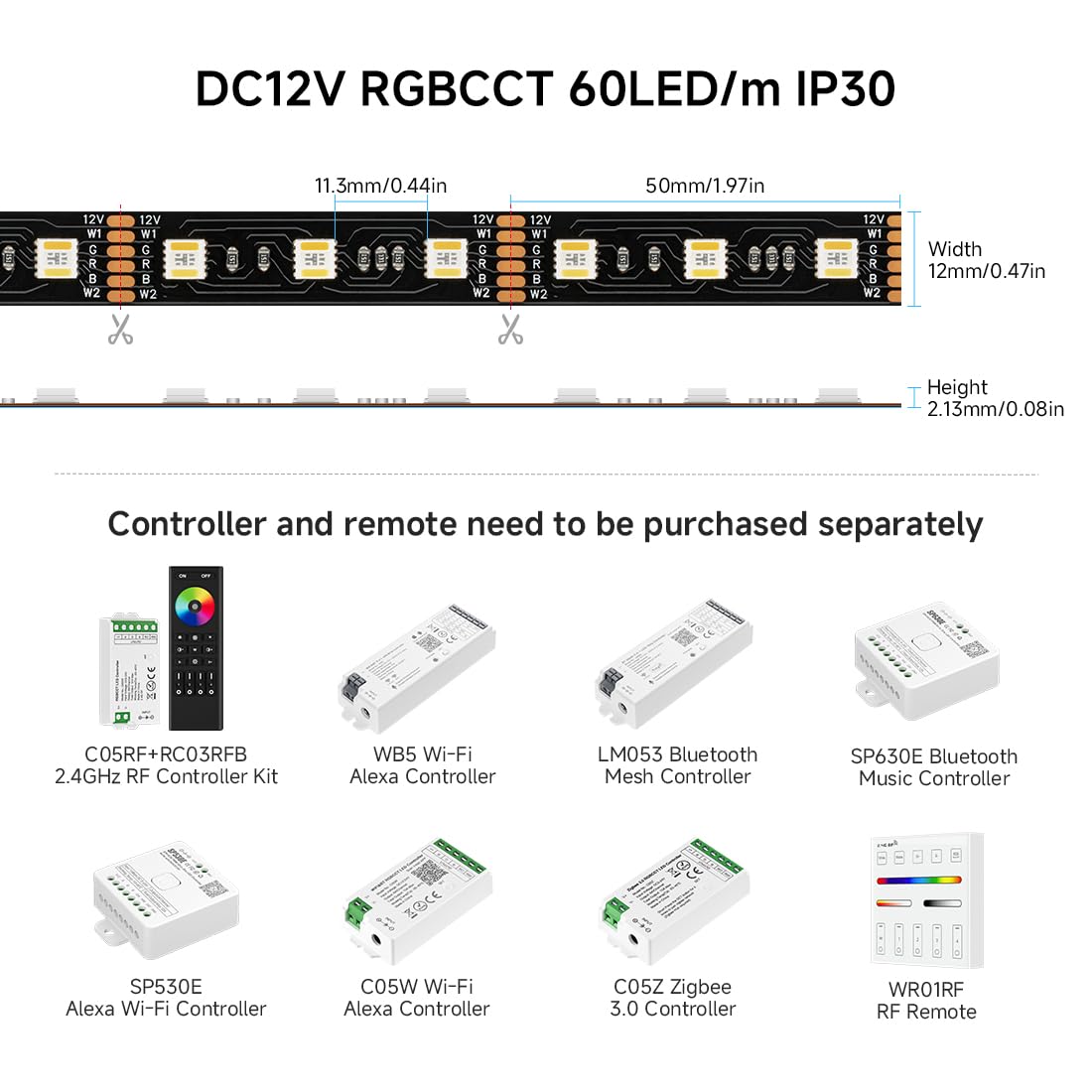 BTF-LIGHTING RGBCCT LED Strip Light, 300 LEDs, 16.4ft, Dimmable, Tunable 2700K-6500K, Black PCB, Model