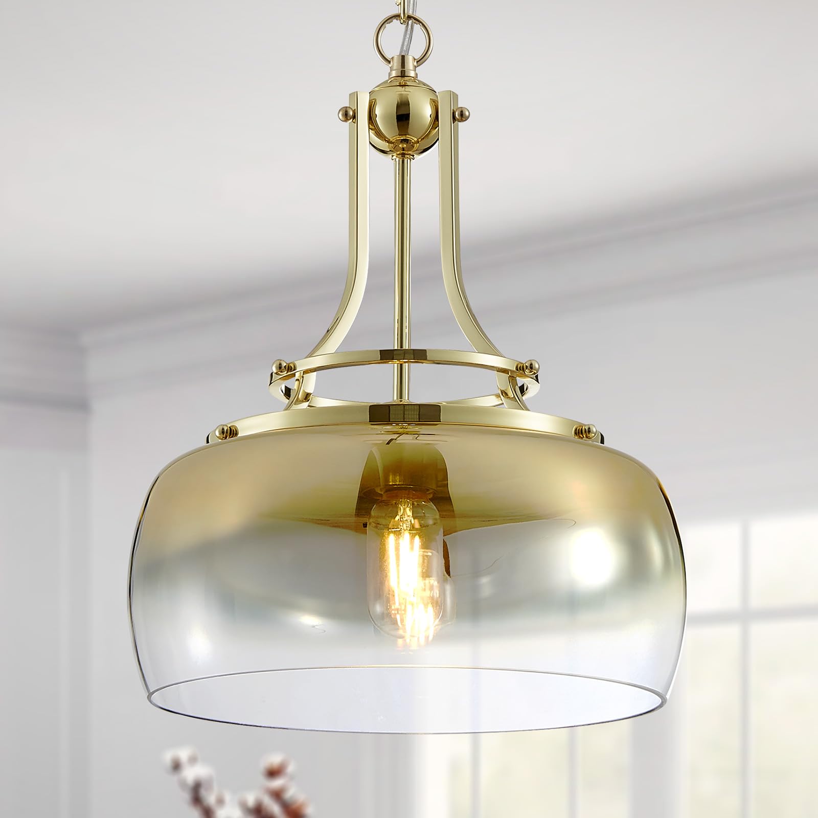 WUZUPS Gold Chandelier Pendant Light Fixture, Gradient Glass Shade, 17inH x 13.4inW, Metal, Model USHD9607PB, Rustic Farmhouse Style