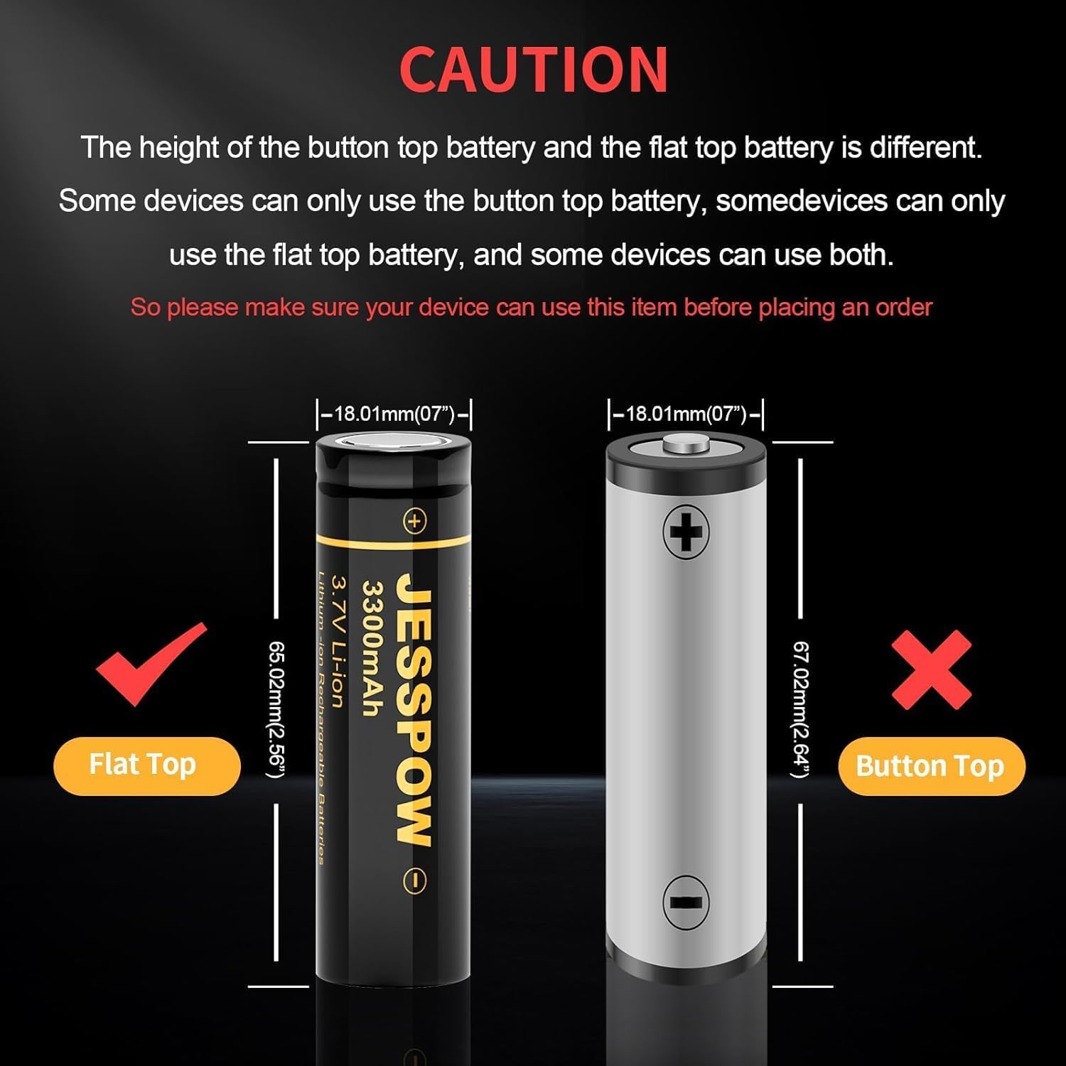 Jesspow 18650 Rechargeable Battery Lithium 3.7V 3300Mah Flat Top, Batteries For Flashlight, Camera, Small Fan, Outdoor Garden Li