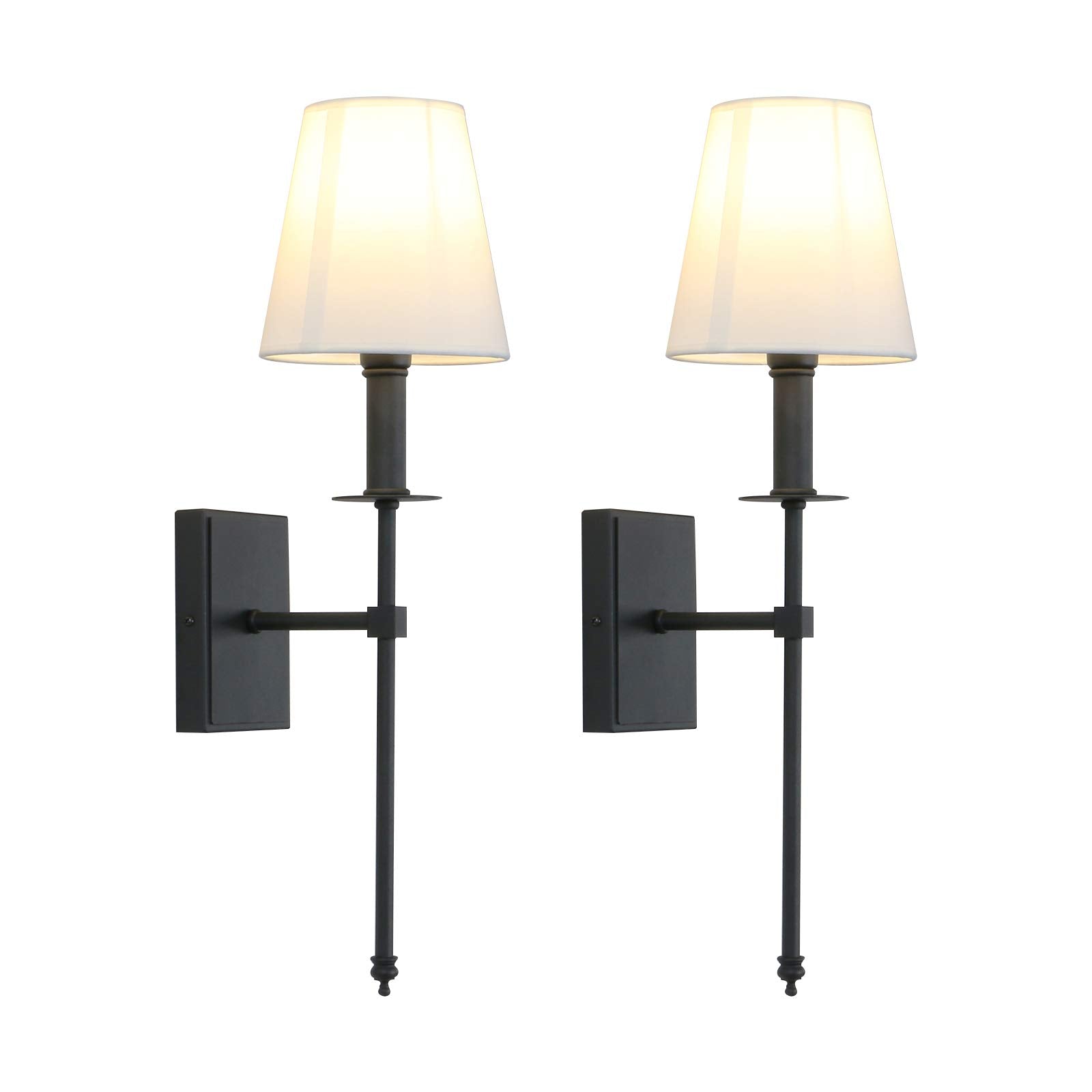 Permo Set Of 2 Classic Rustic Industrial Wall Sconce Lighting Fixture With Flared White Textile Lamp Shade And Black Tapered Col