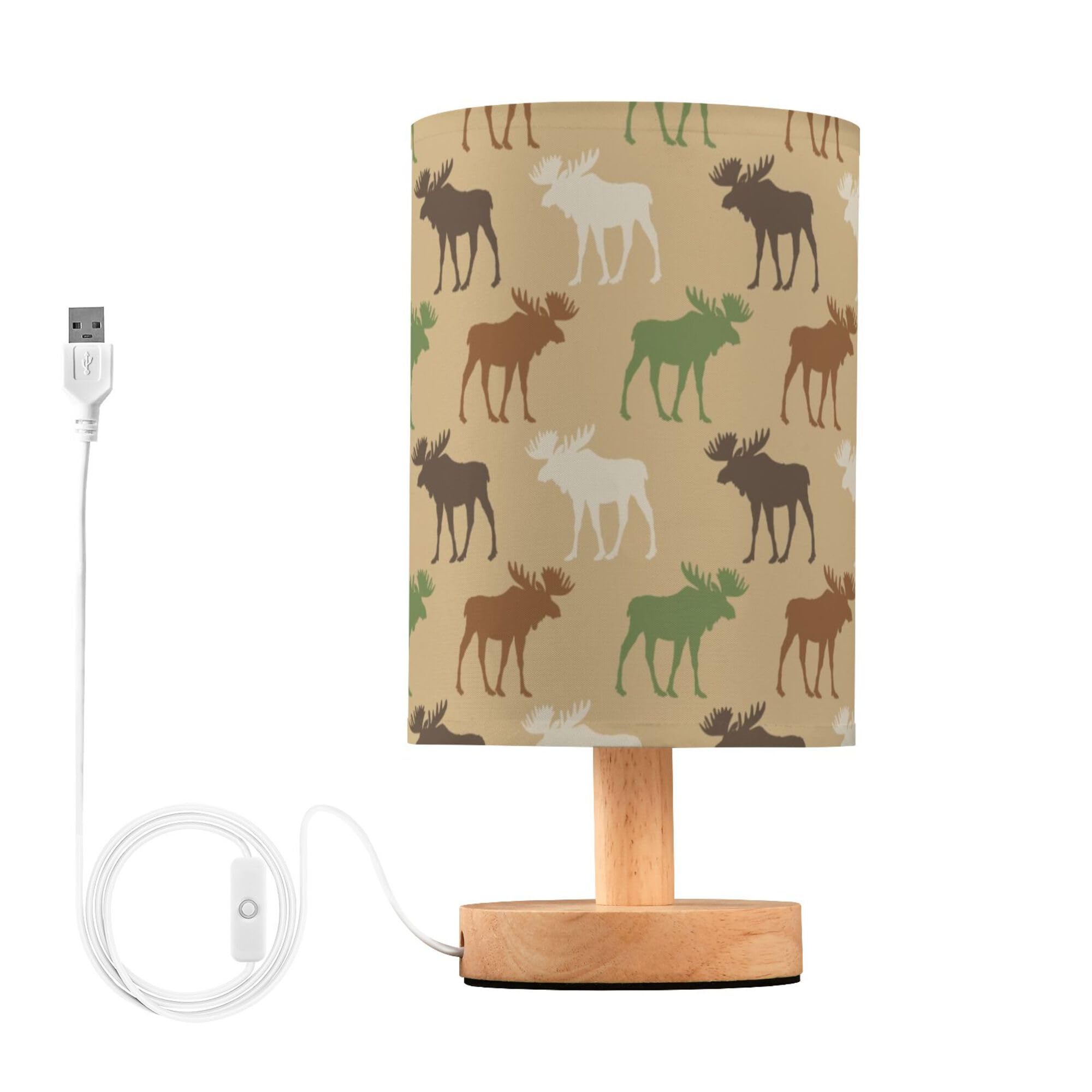 YYZZH Table Lamp Elk Moose Deer Pattern Nightstand Lamp with Wood Base Fabric Lamp Shade Bedside Desk Lamp for Living Room Bedro