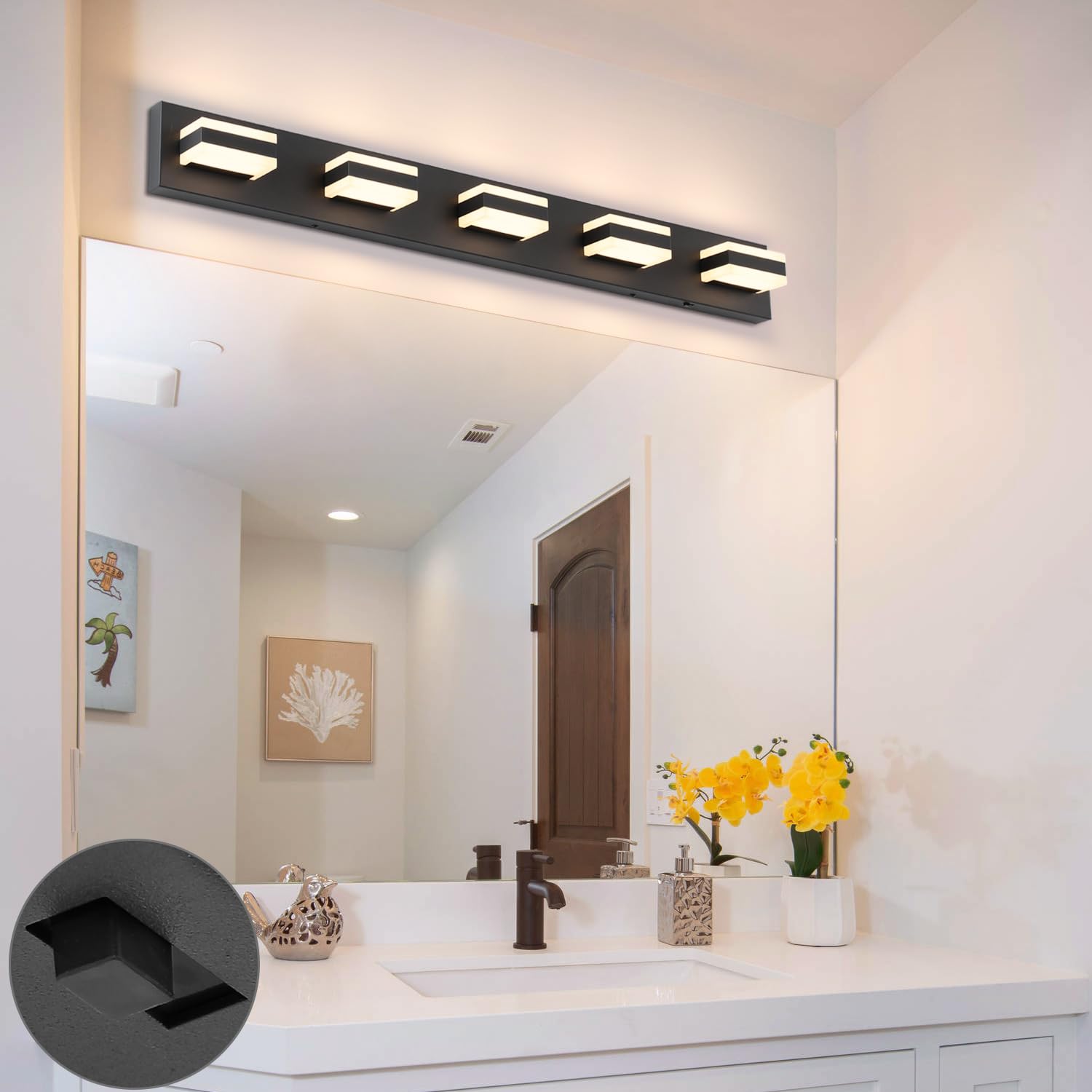 SOLFART 5 Lights Bathroom Light Fixture LED Vanity Light, Adjustable 5CCT, Matt Black, 37.4 inch, Model S8568-5T-6000K-5