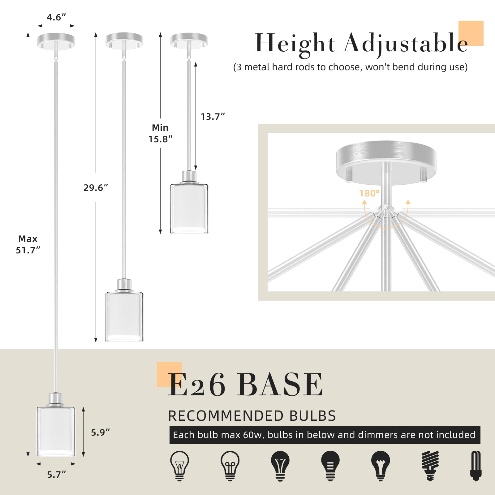 Lightbiz Pendant Light - Adjustable Rod, Clear Dual Glass, 3 Color Temperatures, Brushed Nickel, 2 Pack, Model L400