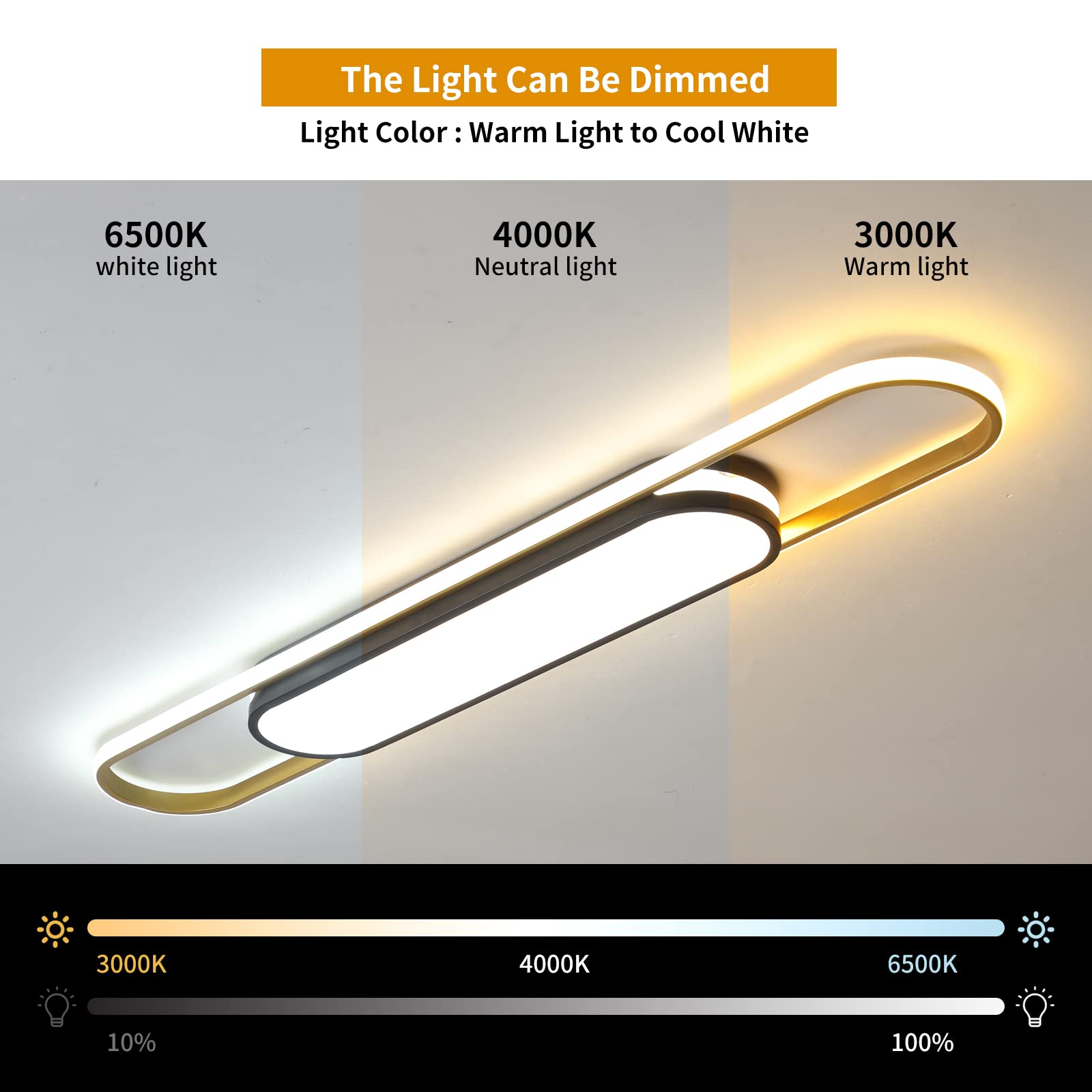 Qcyuui LED Ceiling Light Fixture, Dimmable Acrylic Lamp, 43.3in Black and Gold for Kitchen, Dining Room, Hallway