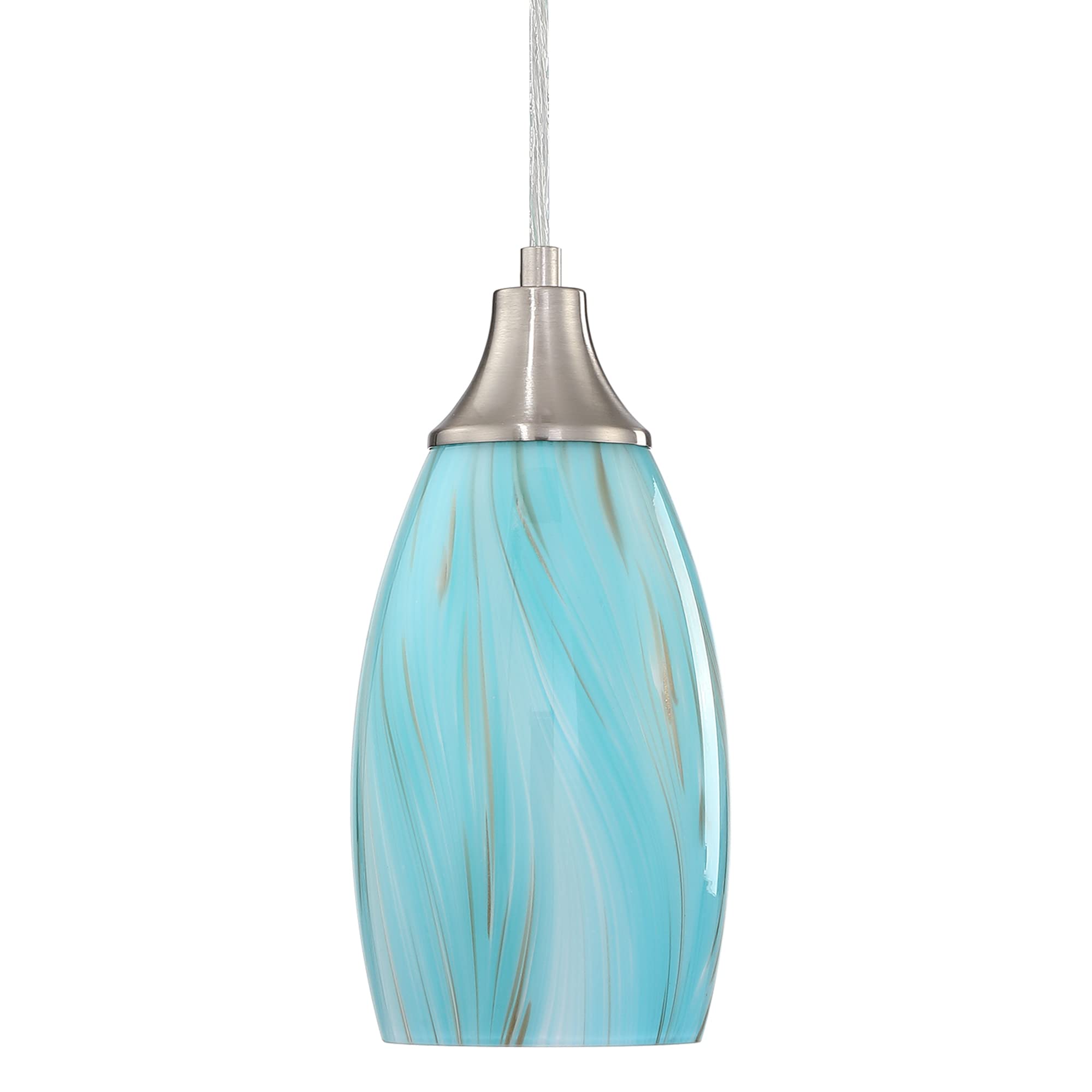 karyfine Mini Pendant Light,Handcrafted Art Glass Pendant Lighting Shade with Brushed Nickel Finished Teal Glass Ceiling Hanging