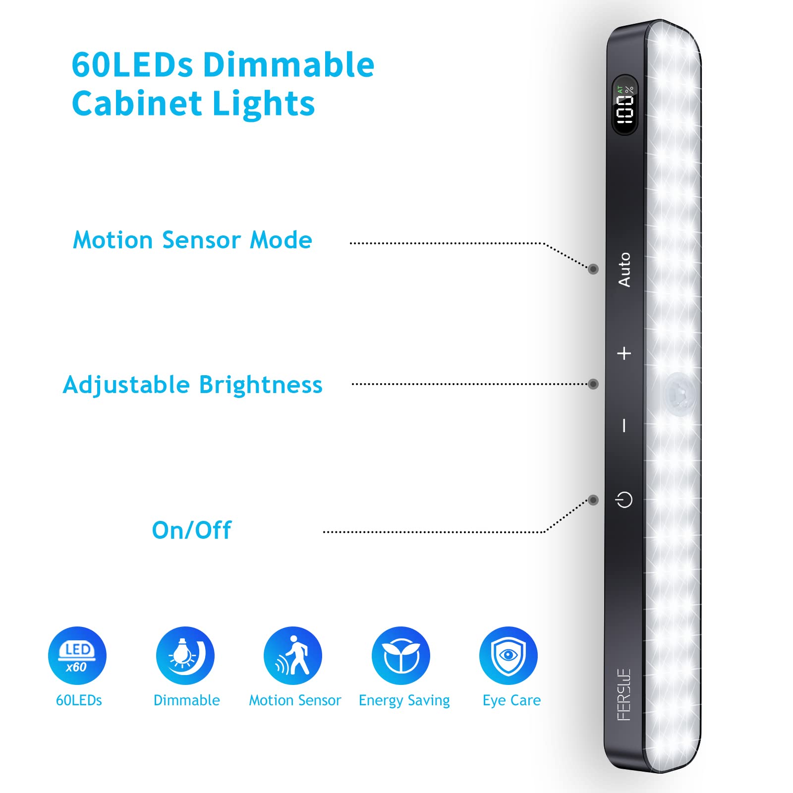 Ferswe Under Cabinet Lights 60 LED Motion Sensor Dimmable Touch Control 2 Pack Cool White 6000K Model F-MS1