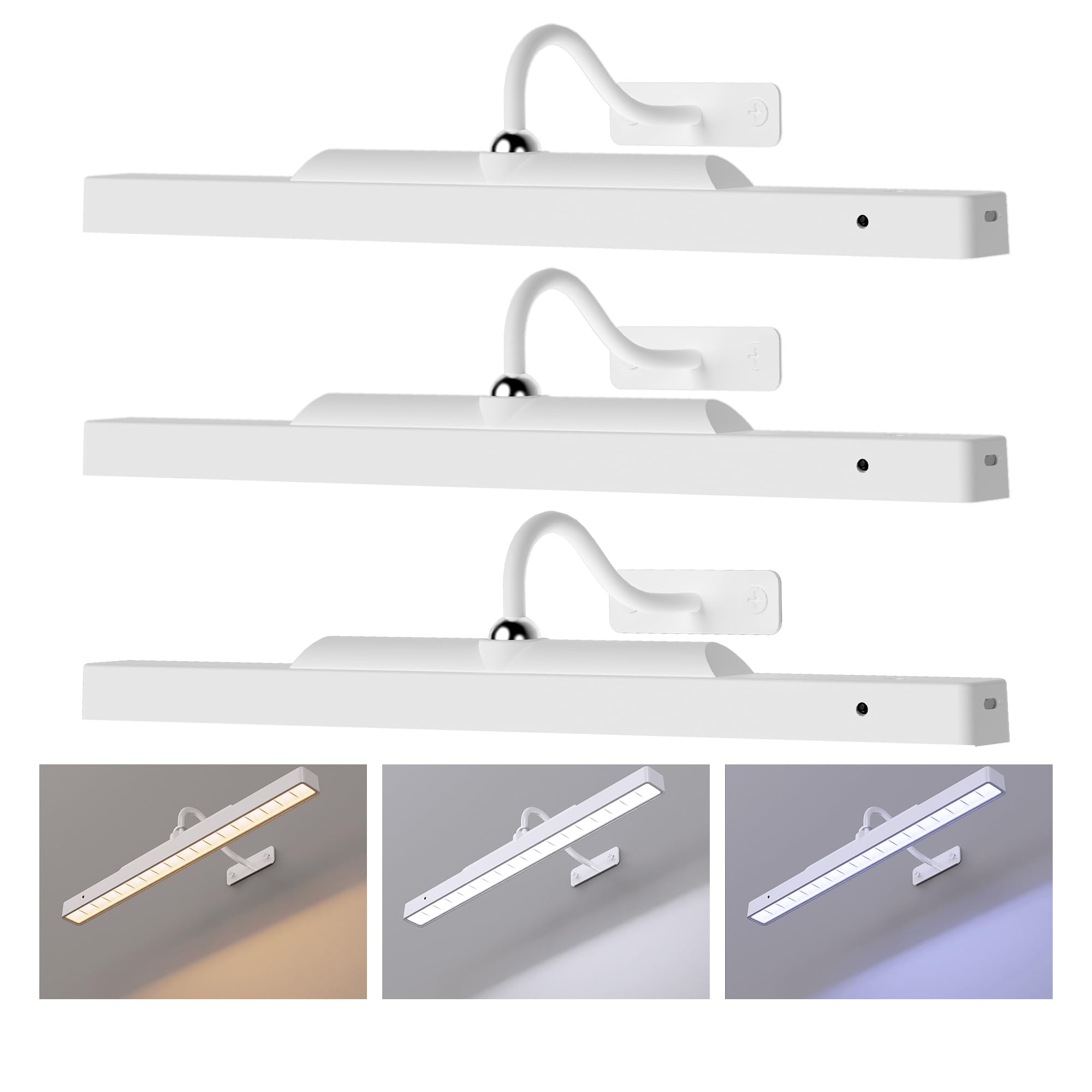 Craftersmark Picture Light - 16in White Rechargeable Battery Wall Sconce, 3-Pack, 5000mAh, 350LM Brightness