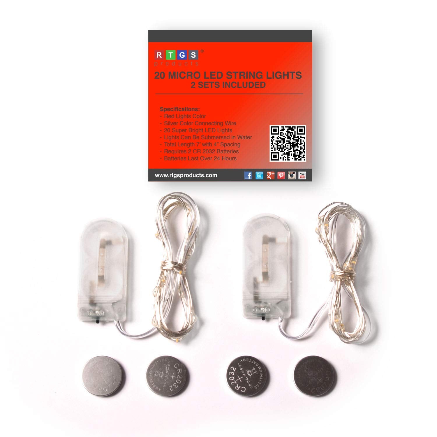 RTGS 2 Sets 20 LED Red String Lights, Silver Wire, 6.5 ft, Battery Powered for Indoor/Outdoor Use