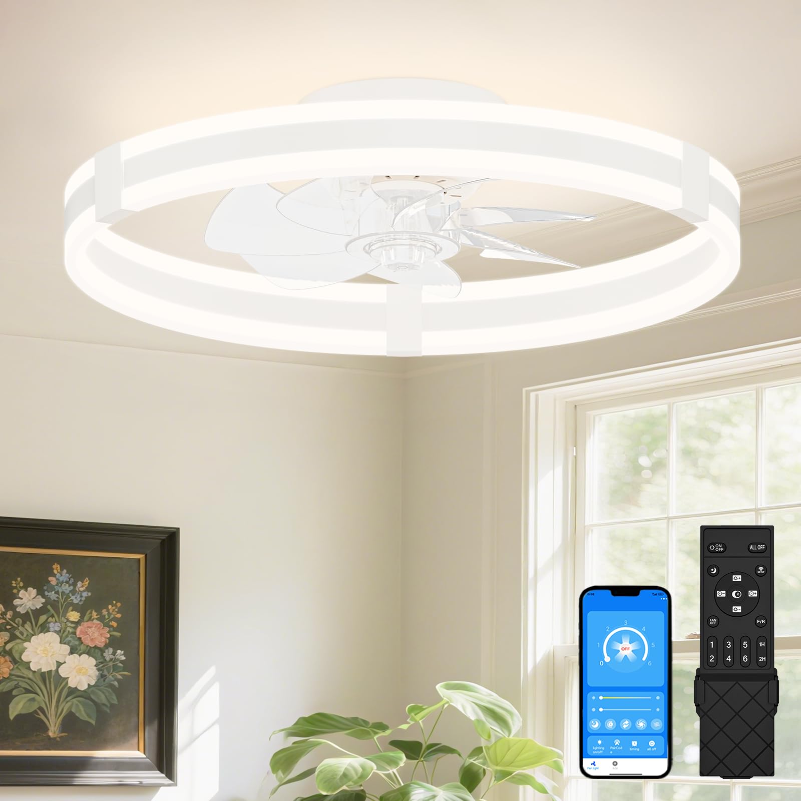 VOLISUN Ceiling Fans with Lights and Remote, 19.7in Low Profile Ceiling Fans with Light, 3000K-6500K Dimmable Fandelier Ceiling 