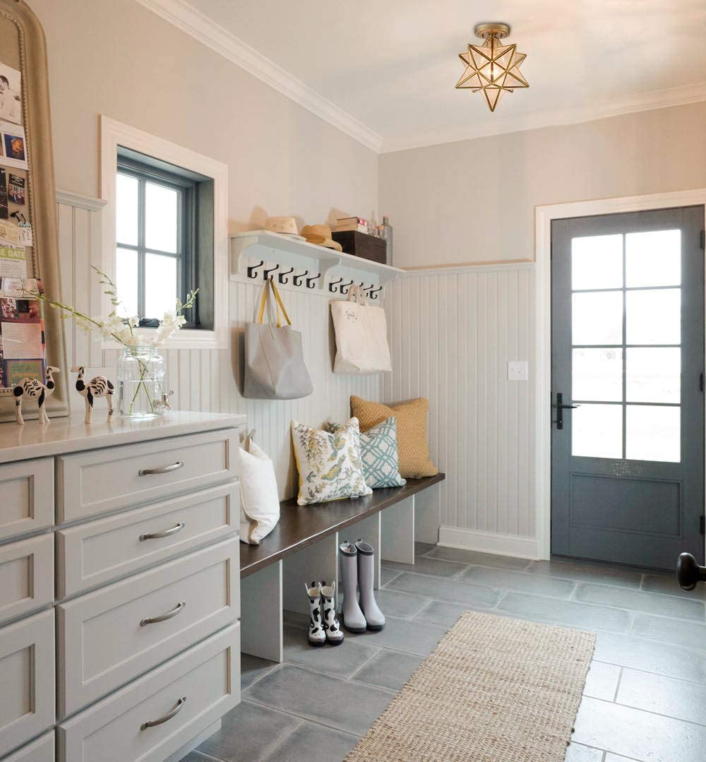 12-Inch Moravian Star Ceiling Light Brass Boho Moroccan Lamp With Seeded Glass Shade