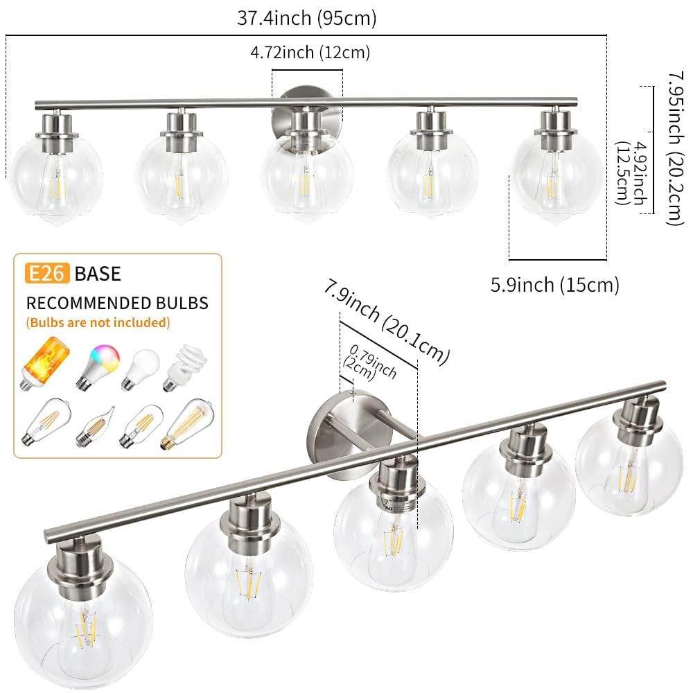 Lanmate Bathroom Light Fixtures Over Mirror 5-Lights Bathroom Vanity Light With Clear Globe Glass Shade 37.4 Inch Modern Brushed