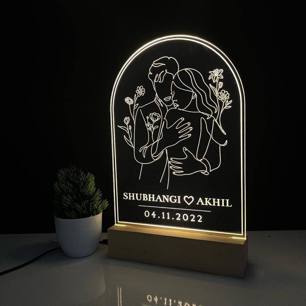 WOWOOD Customized Valentine Gift For Couple Wedding Gift LED Lamp Love Night Light Showpiece (Couple Art, Wood, Warm White, Pack