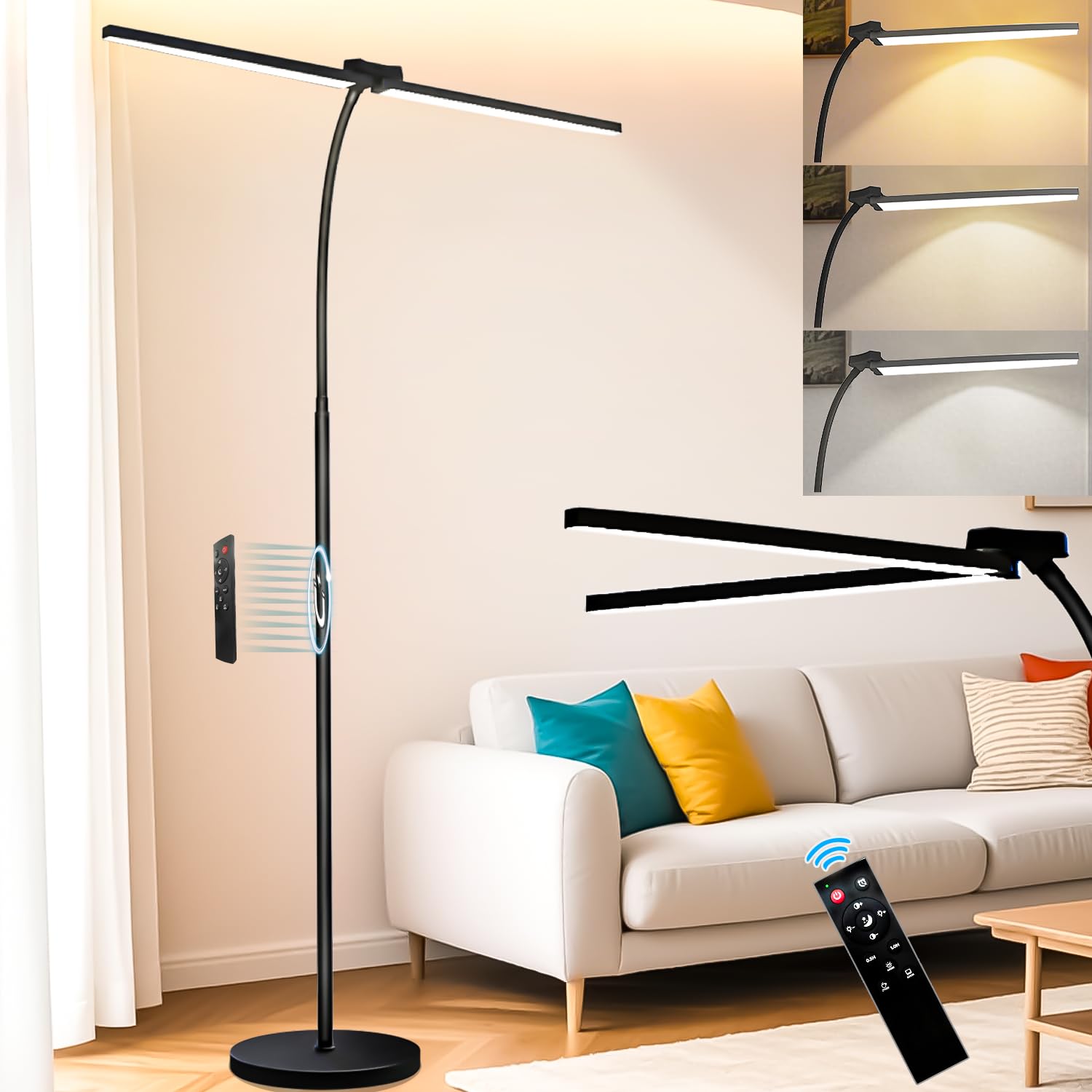 Starmoitic Dual Head Led Floor Lamp For Office 24W/2400Lm Floor Reading Lamp Standing, Task Lamp With Remote, Goose Neck Lash Li