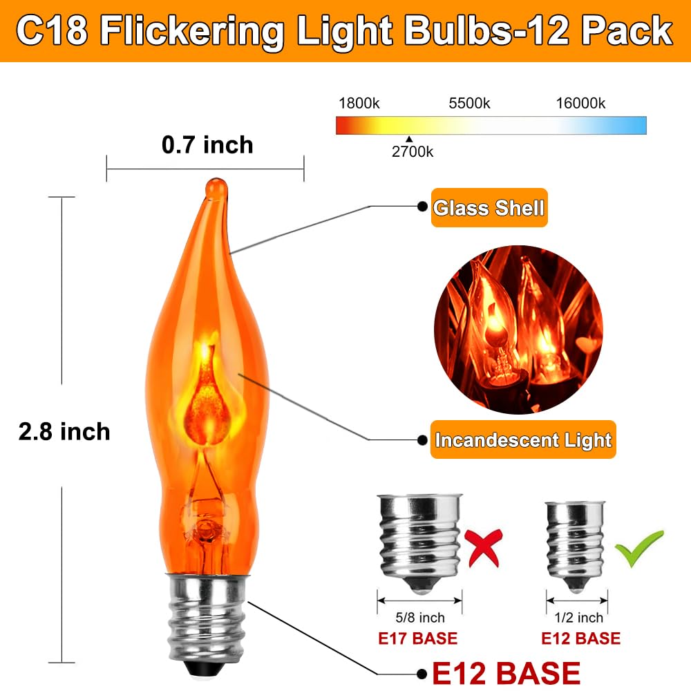 Couah C18 Flicker Flame String Light Bulbs, 1 Watt, E12 Base, 12 Count, Flicker Orange, for Thanksgiving and Christmas