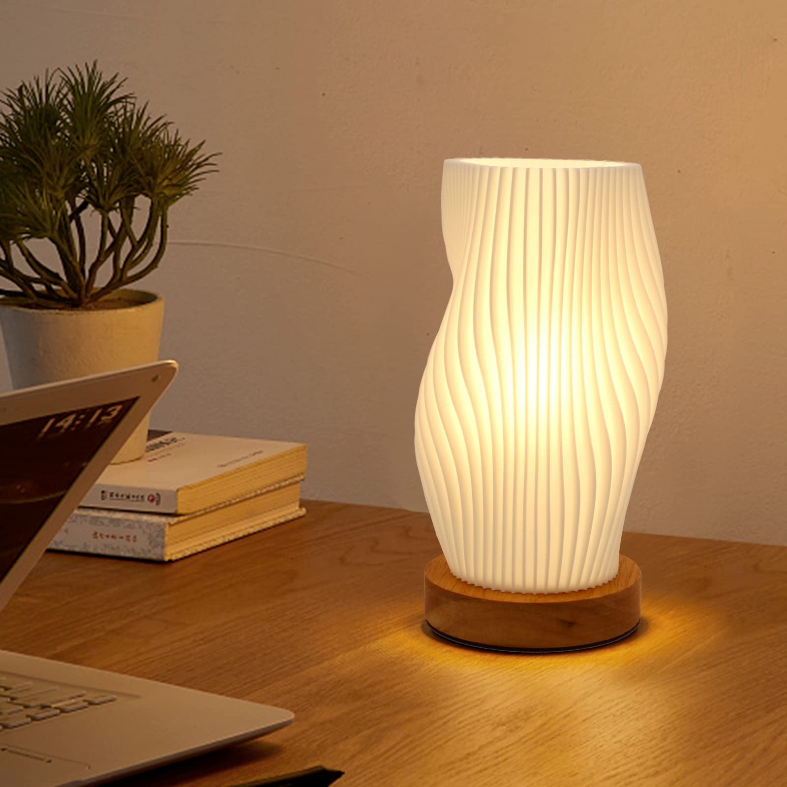 Zenply Small Vintage Striped Table Lamp, Wood, Warm-SM, Mini Bedside Light for Kids Room, Office, Dorm, Living Room