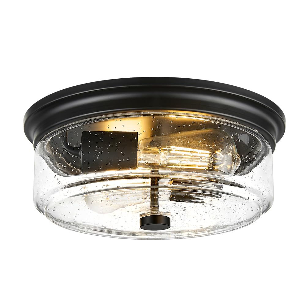 Foitton Black Flush Mount Ceiling Light Fixtures, Farmhouse 12 Inch Light Fixtures Ceiling Mount With Seeded Glass Lampshade, 2-
