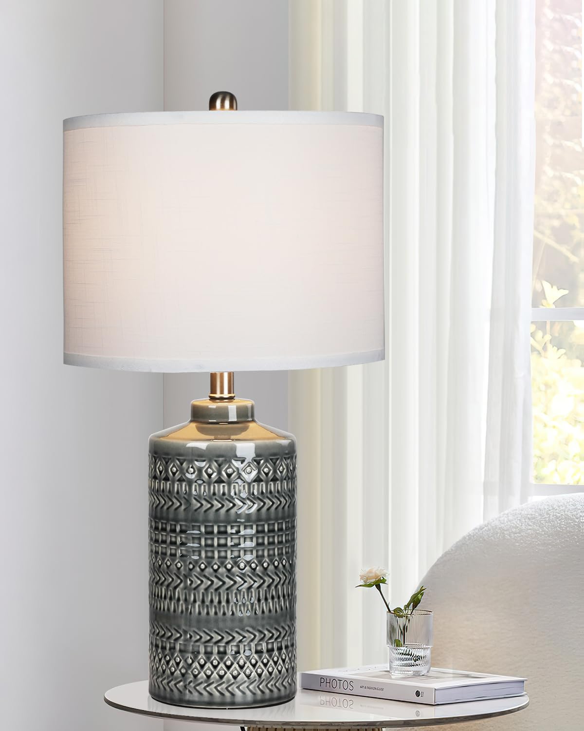 JUNNAI 24.5 Gray Ceramic Table Lamp - 3-Way Dimmable Nightstand Lamp with White Shade for Living Room, Bedroom, Office Decor (Bulb Included)