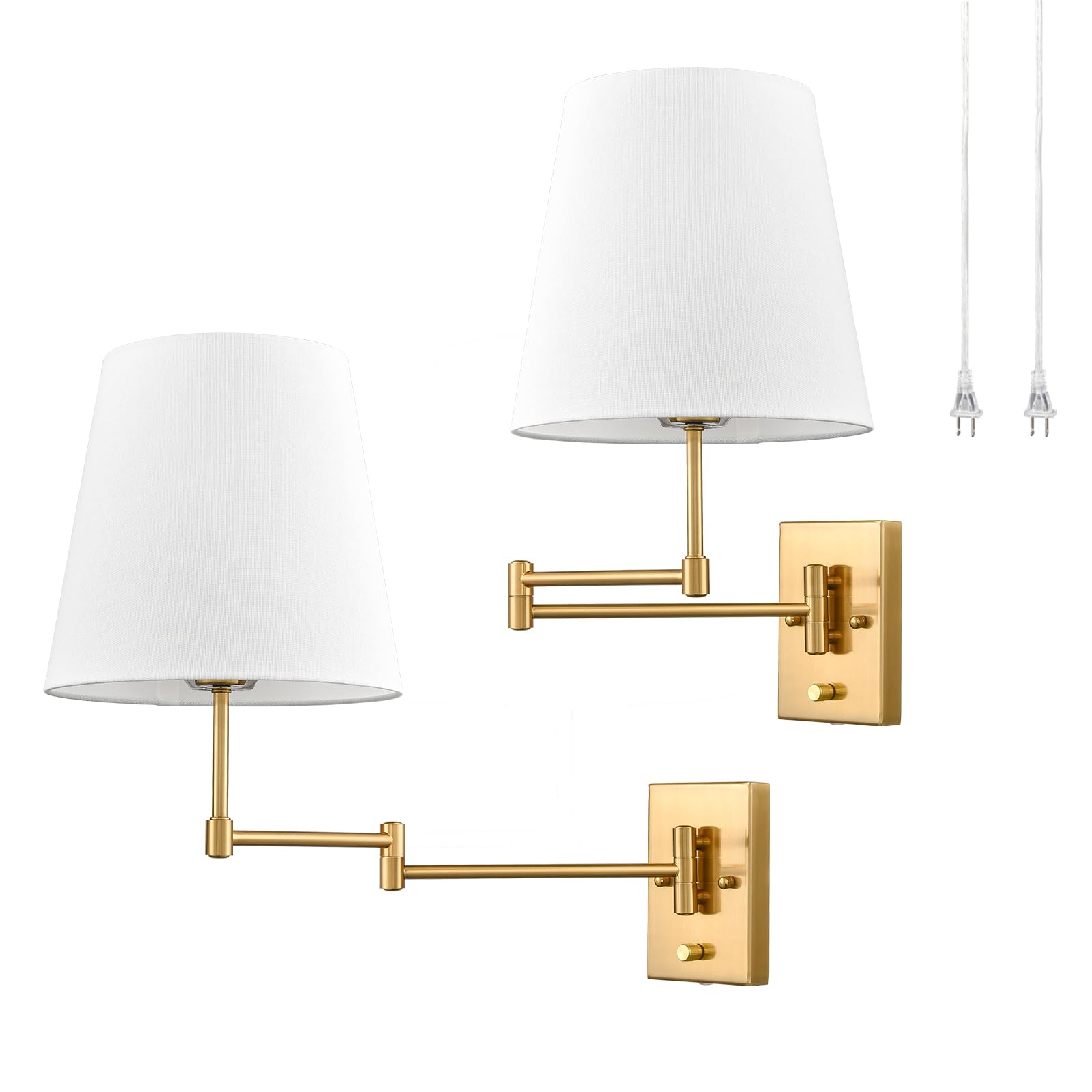 HYDELITE Gold Swing Arm Wall Lamp Brass Wall Sconces with Linen Shade | Plug-in or Hardwired Wall Light Fixtures Bedroom Bedside