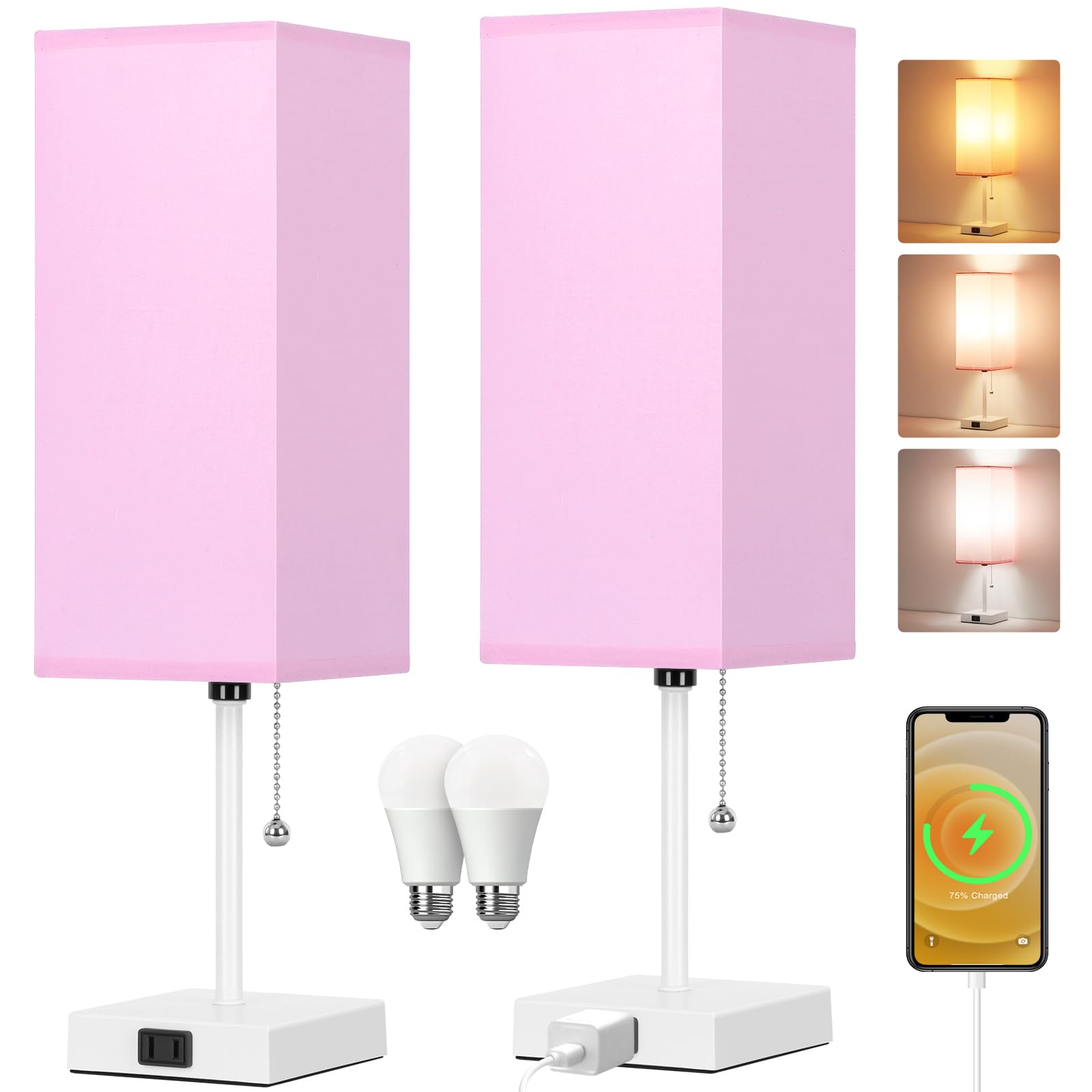 Dott Arts Table Lamp Set of 2, 18in Plastic Nightstand Lamps with Pull Chain, 3 Colors, White-Pink, Model PTL6W-025