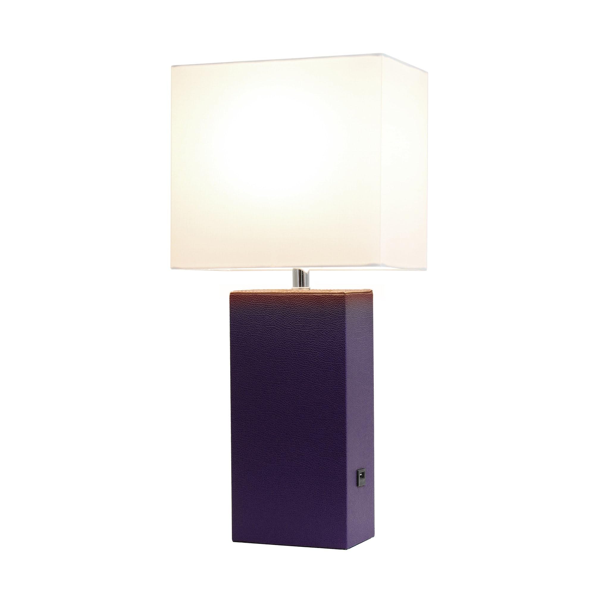 Elegant Designs Lt1053-Egp Modern Leather Usb And White Fabric Shade Table Lamp, Eggplant - (Pack Of 1)