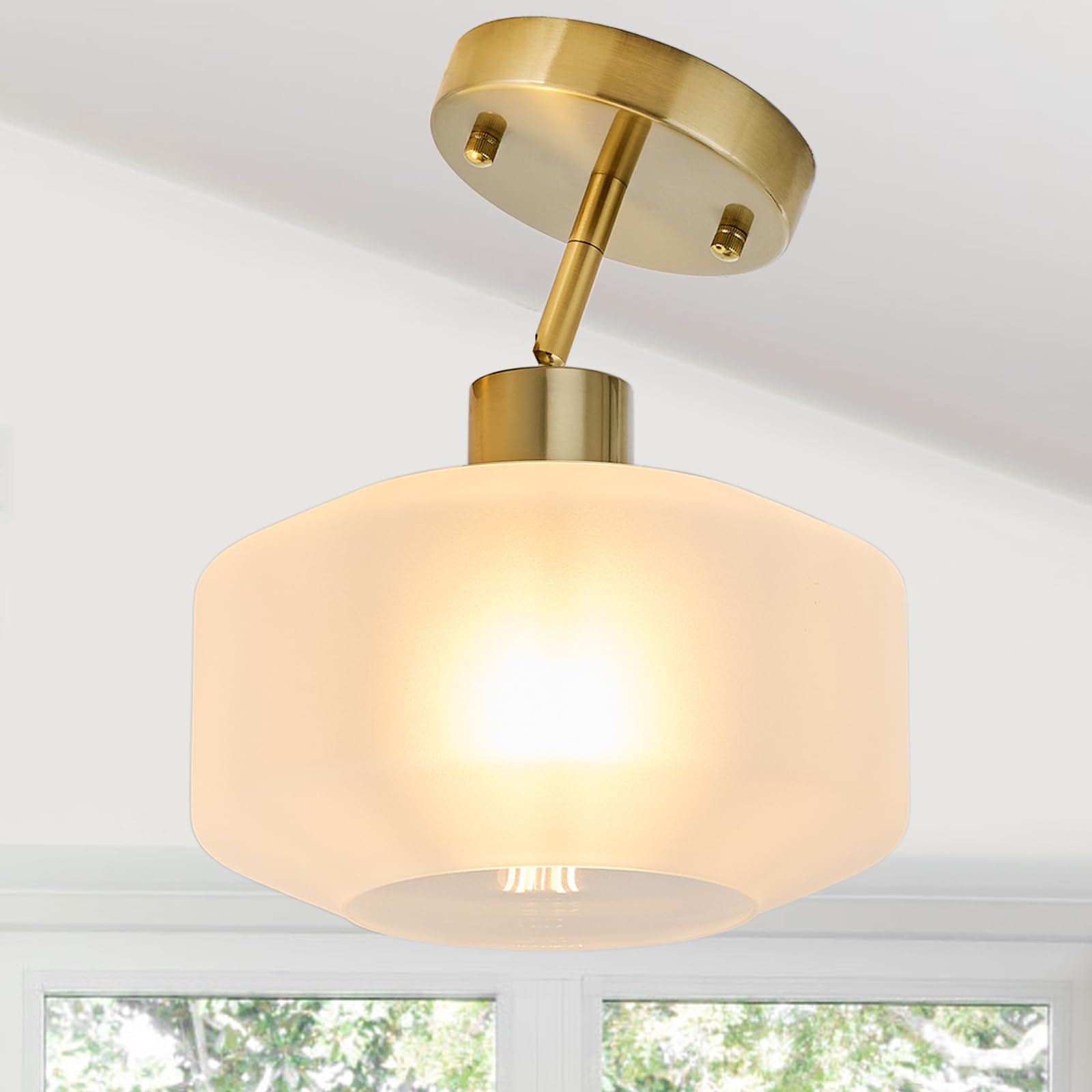 Bisamiya Modern Brass Semi Flush Mount Ceiling Light Fixture, Adjustable Hanging Gold Farmhouse Ceiling Light, 8.66" Frosted Glass Shade, Sloped Ceiling Adaptable, For Hallway, Entryway, Bedroom