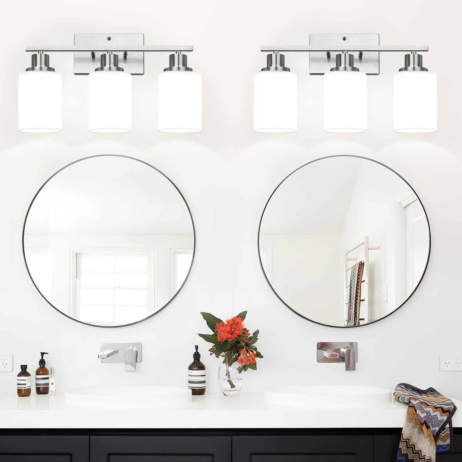 3-Light Bathroom Light Fixtures  Brushed Nickel Vanity Light With Milky White Shades  Bathroom Lighting Fixtures Over Mirror  Modern Bathroom Wall Lamp For Mirror Living Room Cabinet Bedroom