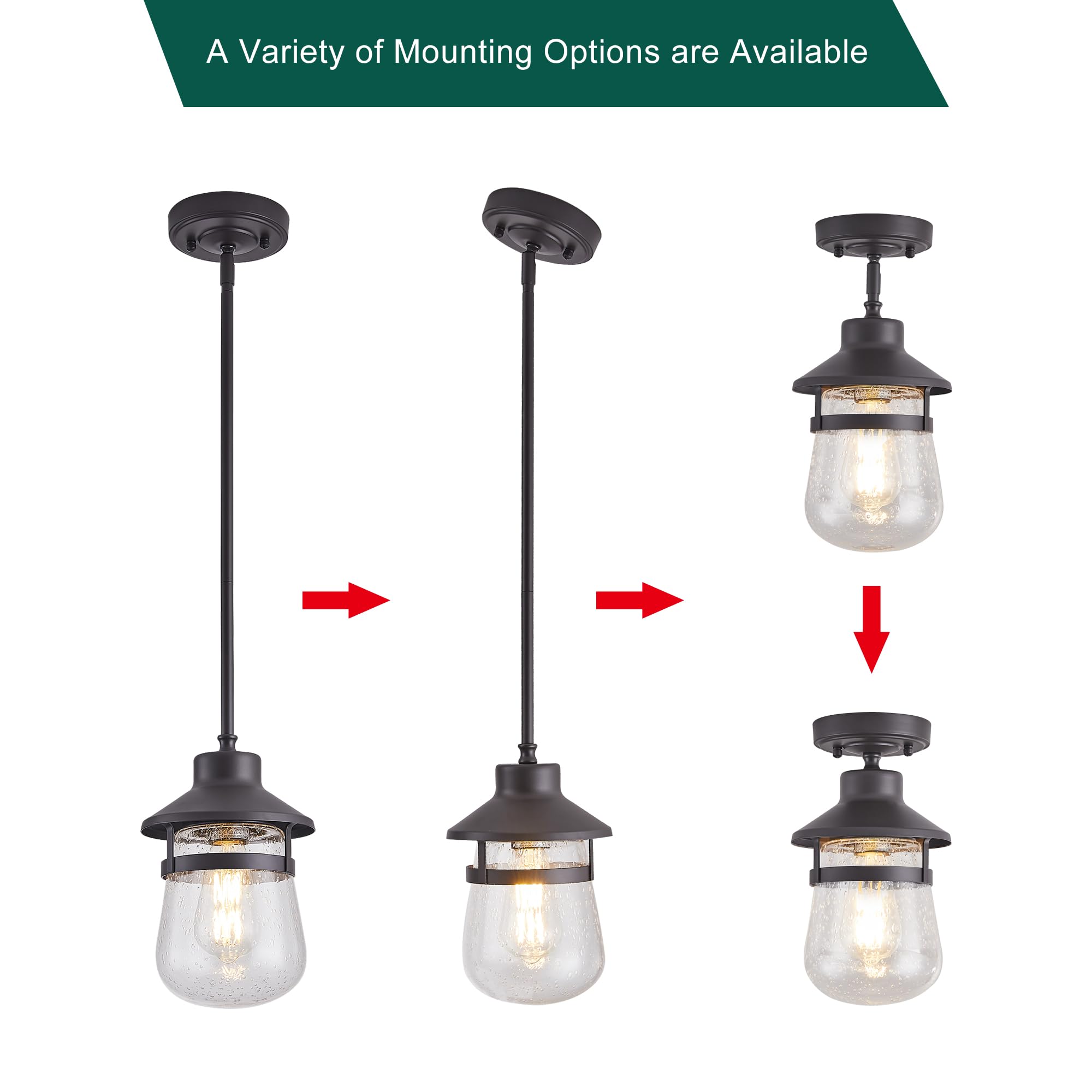 Adjustable Mini Pendant Hanging Fixtures With Seeded Glass Shade,Oil Rubbed Bronze,3 Mounting Options Or Pitched Roof,Farmhouse
