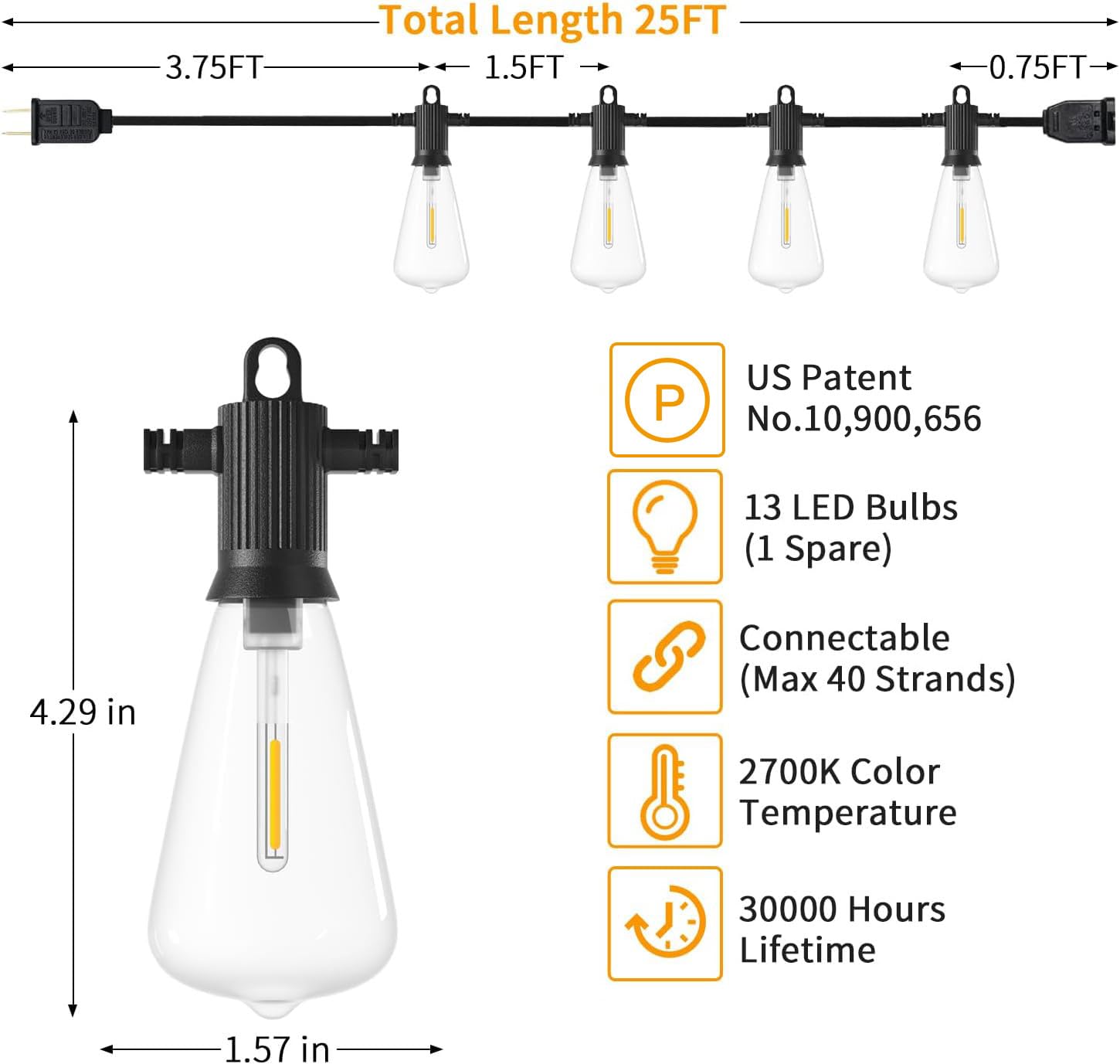 ZOTOYI Outdoor String Lights, 25Ft Waterproof IP65 with 12+1 Shatterproof LED Bulbs, Black, ETL Listed for Patio, Party, Balcony