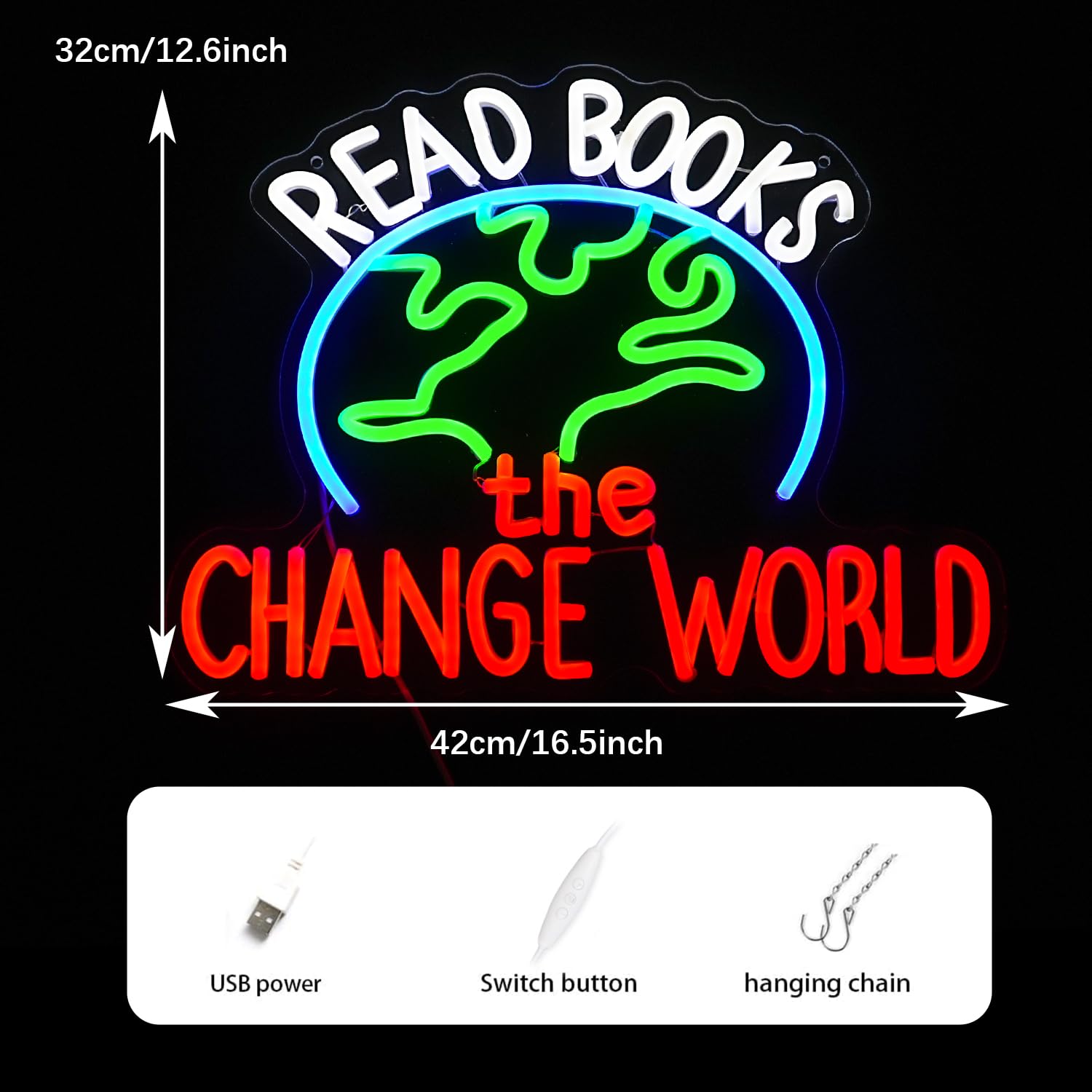 GNVETZLL LED Neon Sign - Read Books Change The World - Dimmable, USB Powered, Acrylic, 16.5x12.6In, White Green Blue Red