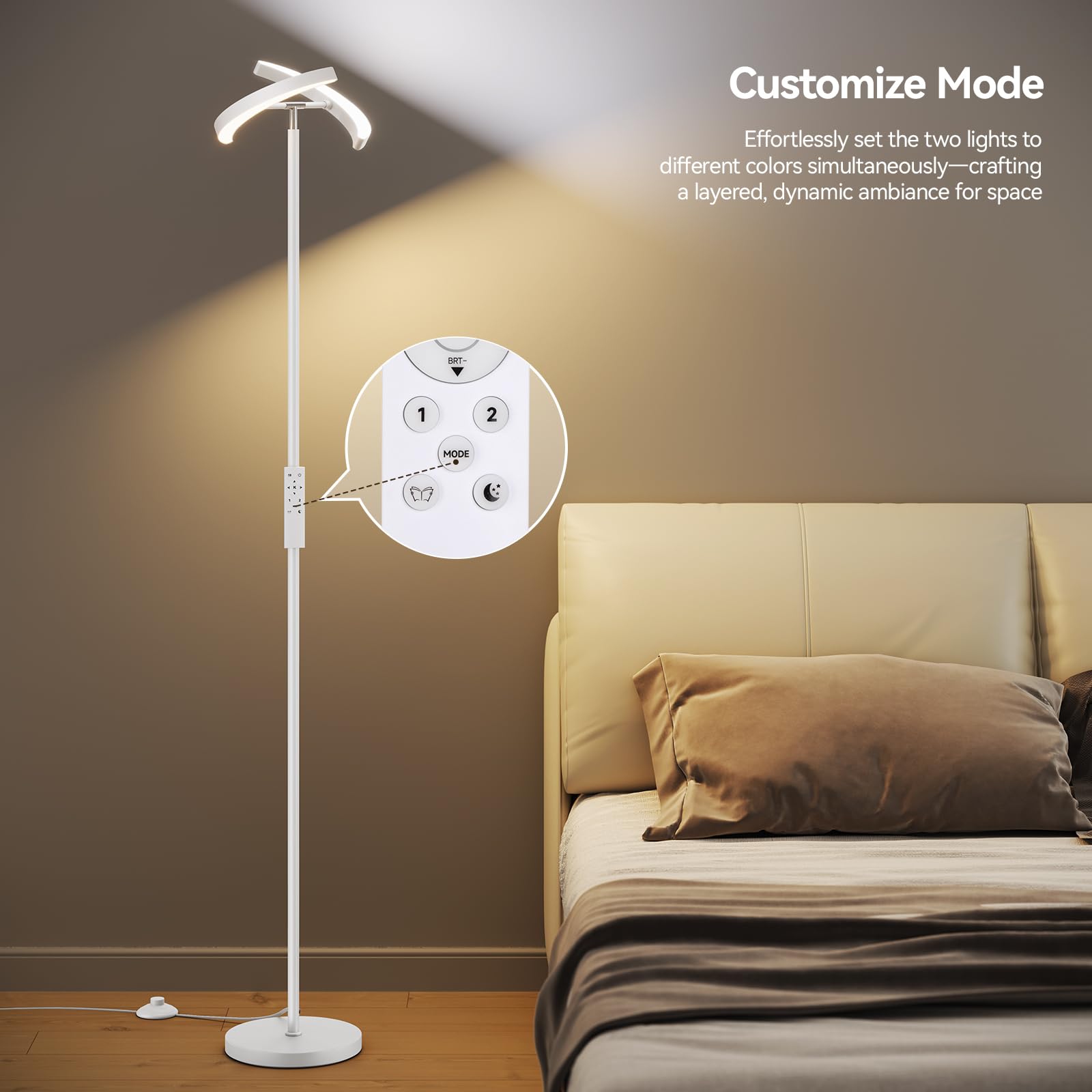 SUNMORY LED Floor Lamp with Remote, 28W, 1600LM, 74in Dimmable Tall Standing Lamp, Modern Iron Design, White, Model FLD-032-XO