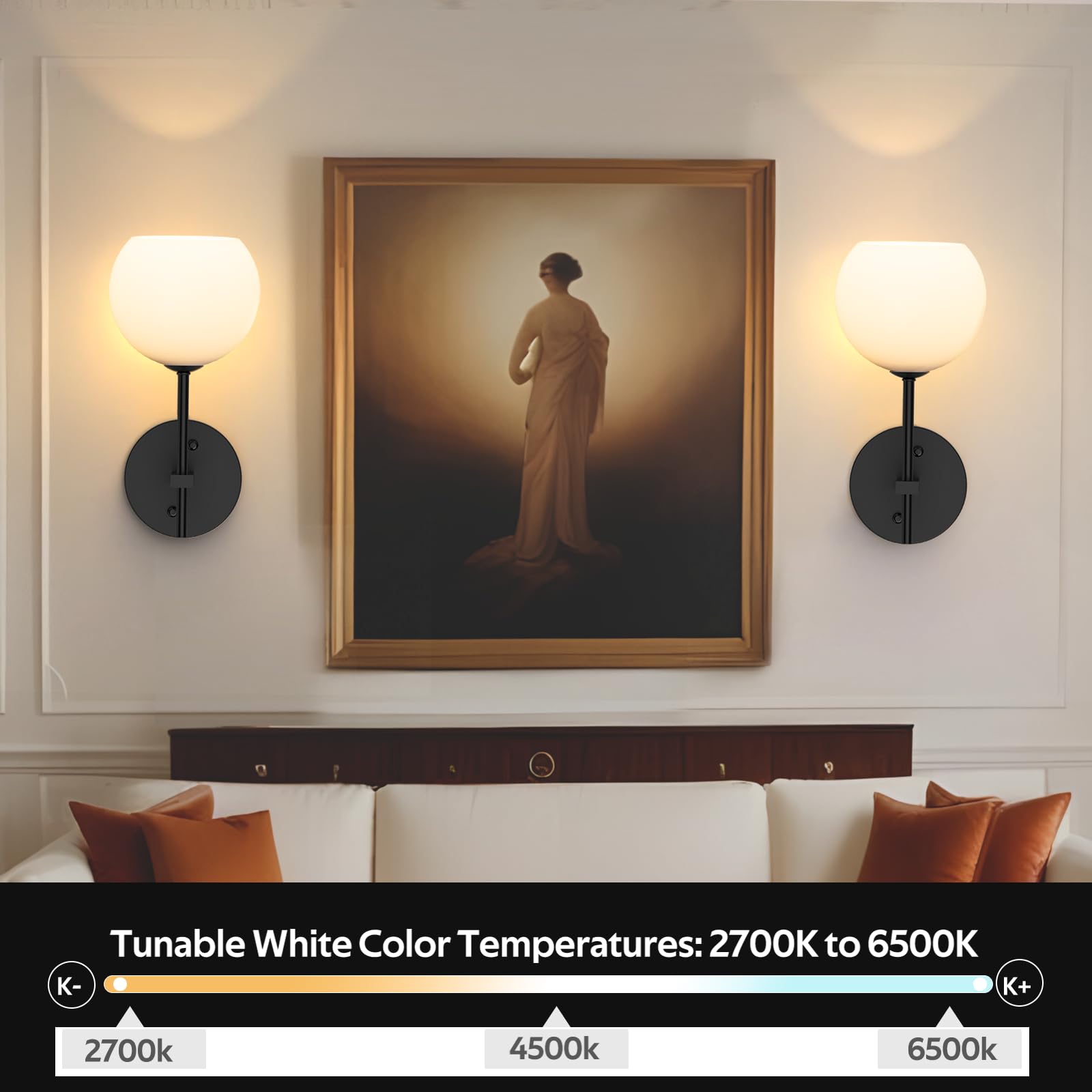 MOITA Wall Sconces Set of Two, Wireless, Remote Control, 12 RGB Colors, 3 CCT Options, Milky White Shade, Black Base, 2-Pack