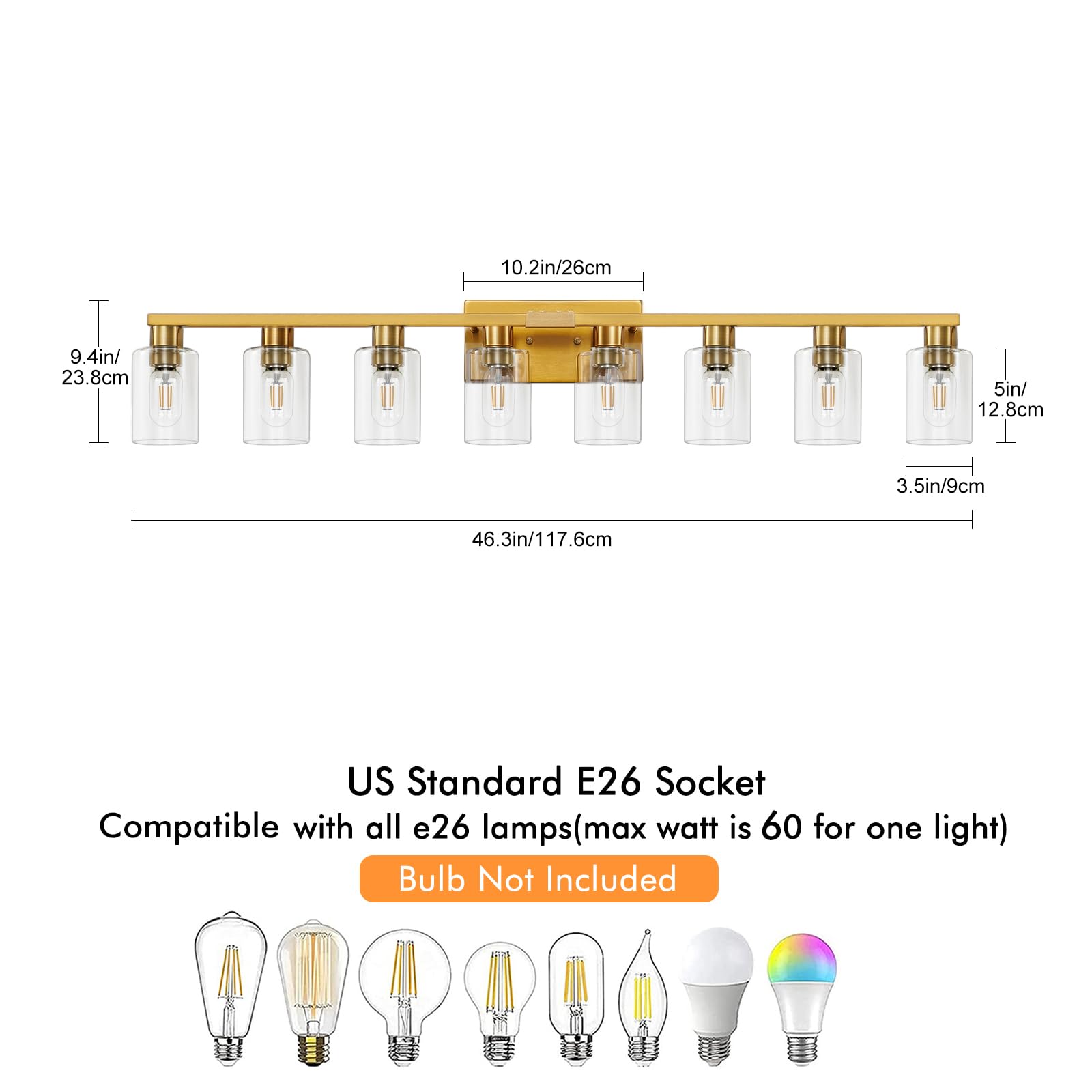 Hdasic 8 Light Gold Bathroom Light Fixtures  Modern Large Vanity Lights With Clear Glass Shade  Brushed Brass Bathroom Lighting Fixtures Over Mirror  Wall Scones Light For Bedroom  Living Room