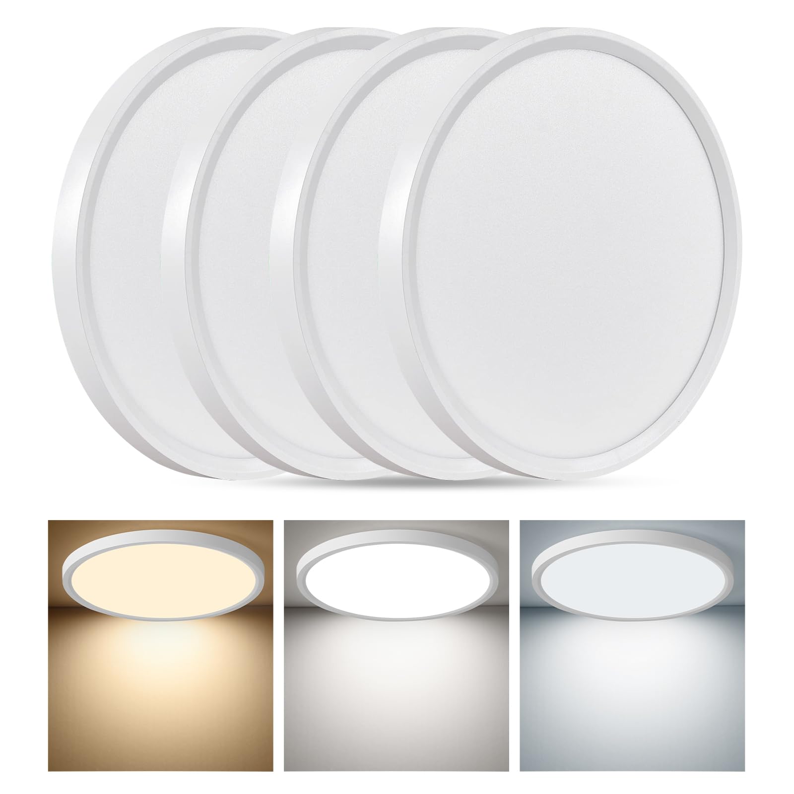 4Pk 12 Inch Led Flush Mount Ceiling Light, 24W, 2520Lm, 3000K/4000K/6000K Cct Selectable, 0.9Inch Super Slim Led Ceiling Light Fixtures, Low Profile Round Flat Panel Light For Bedroom,Kitchen,Hallway