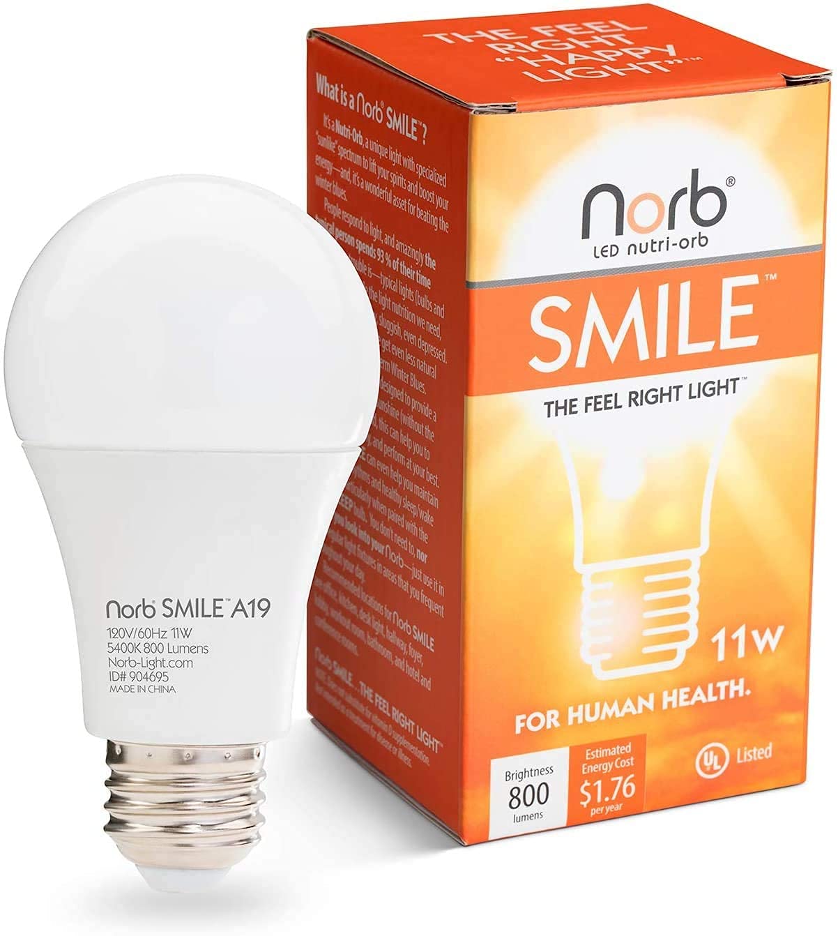 Norbsmile Full-Spectrum Sunlike    Premium A19 Led Light Bulb. Boosts Energy, Mood & Performance. Supports Circadian Rhythm. Nea