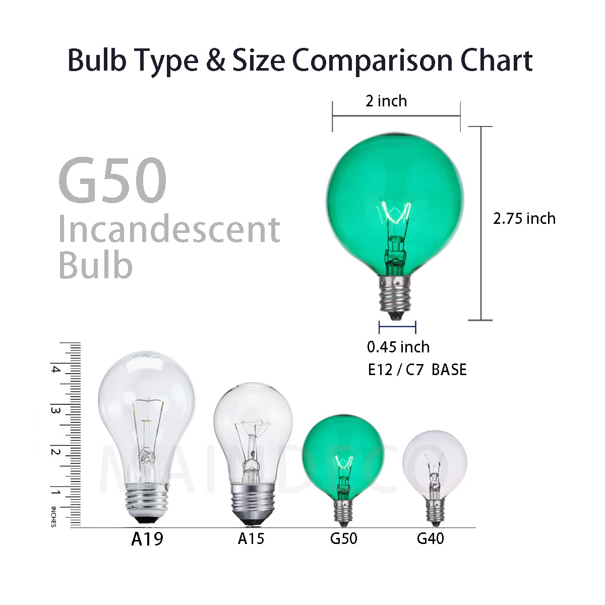 Maindeco 25 Pack G50 Replacement Bulbs,120V 7W Incandescent,E12 Base,For Indoor Outdoor String Lights-Green