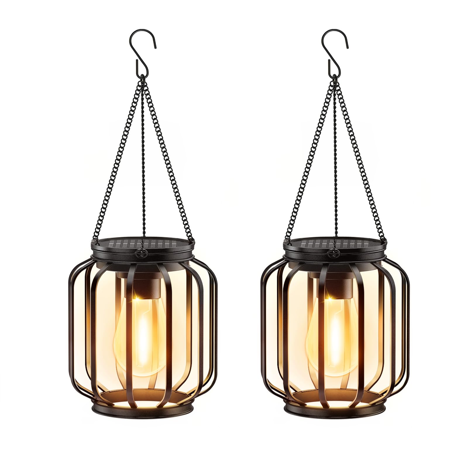 Solar Hanging Lanterns Outdoor: 2 Pack Metal Solar Hanging Lights with Hook  Bright - Warm Waterproof LED Lanterns for Outside  Classic Decorative Solar-Powered Light for Yard Garden Patio Porch Decor