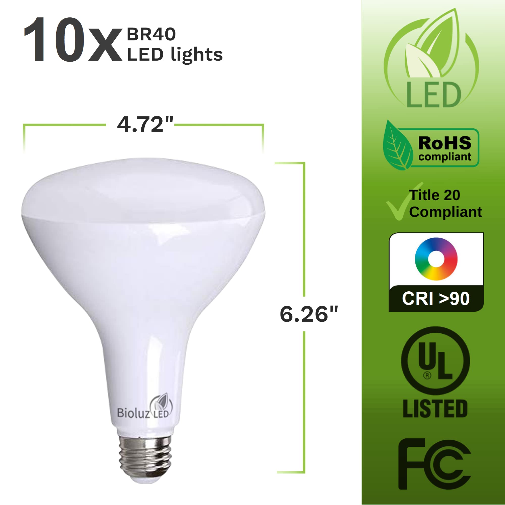 Bioluz BR40 LED Light Bulb 10 Pack 16W (120W Replacement) 5000K Daylight 1400 Lumen Smooth Dimmable UL Listed