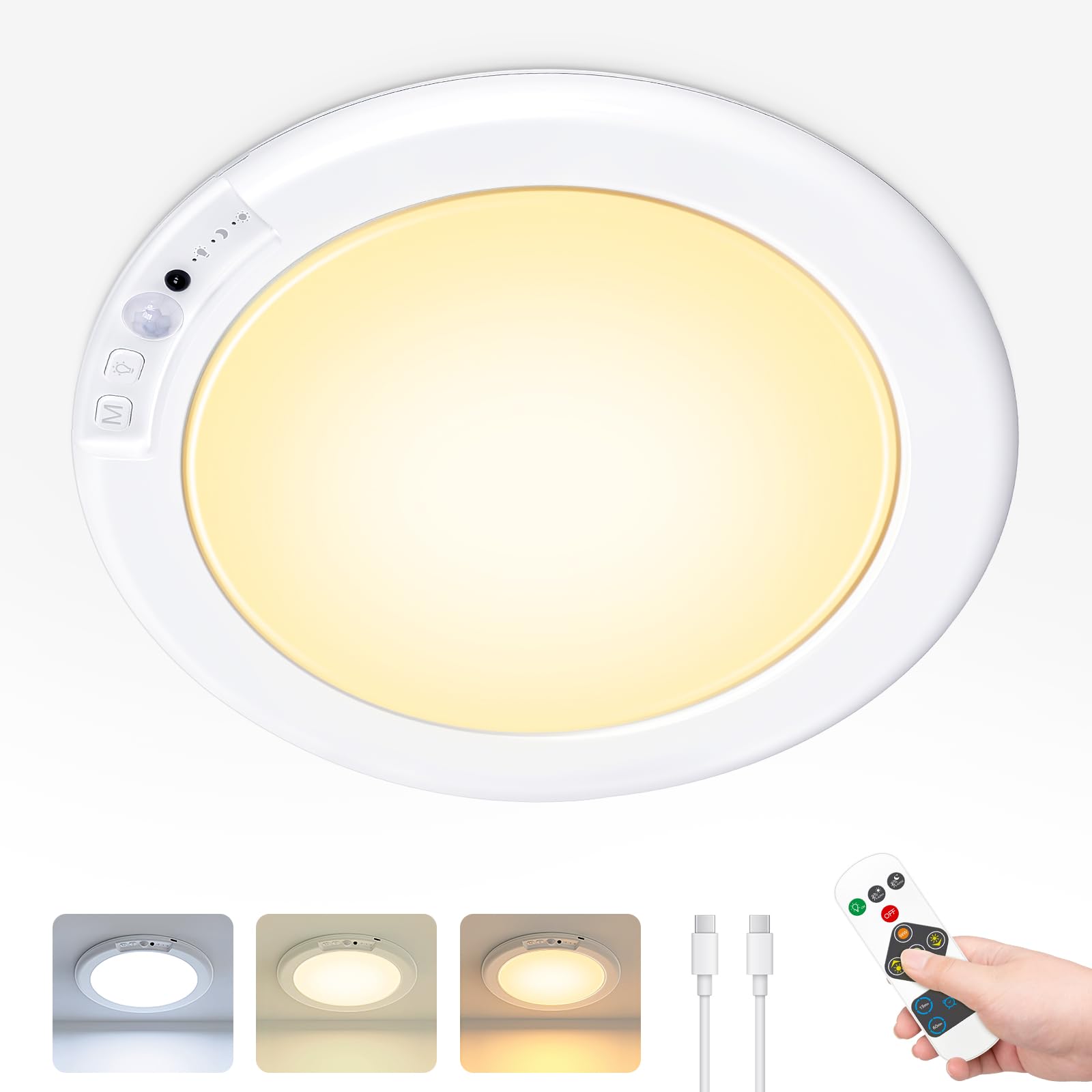 Cadrim Flush Mount Ceiling Light, Wireless Motion Sensor Ceiling Light Fixture Rechargeable Battery Operated LED Lights For Bedr