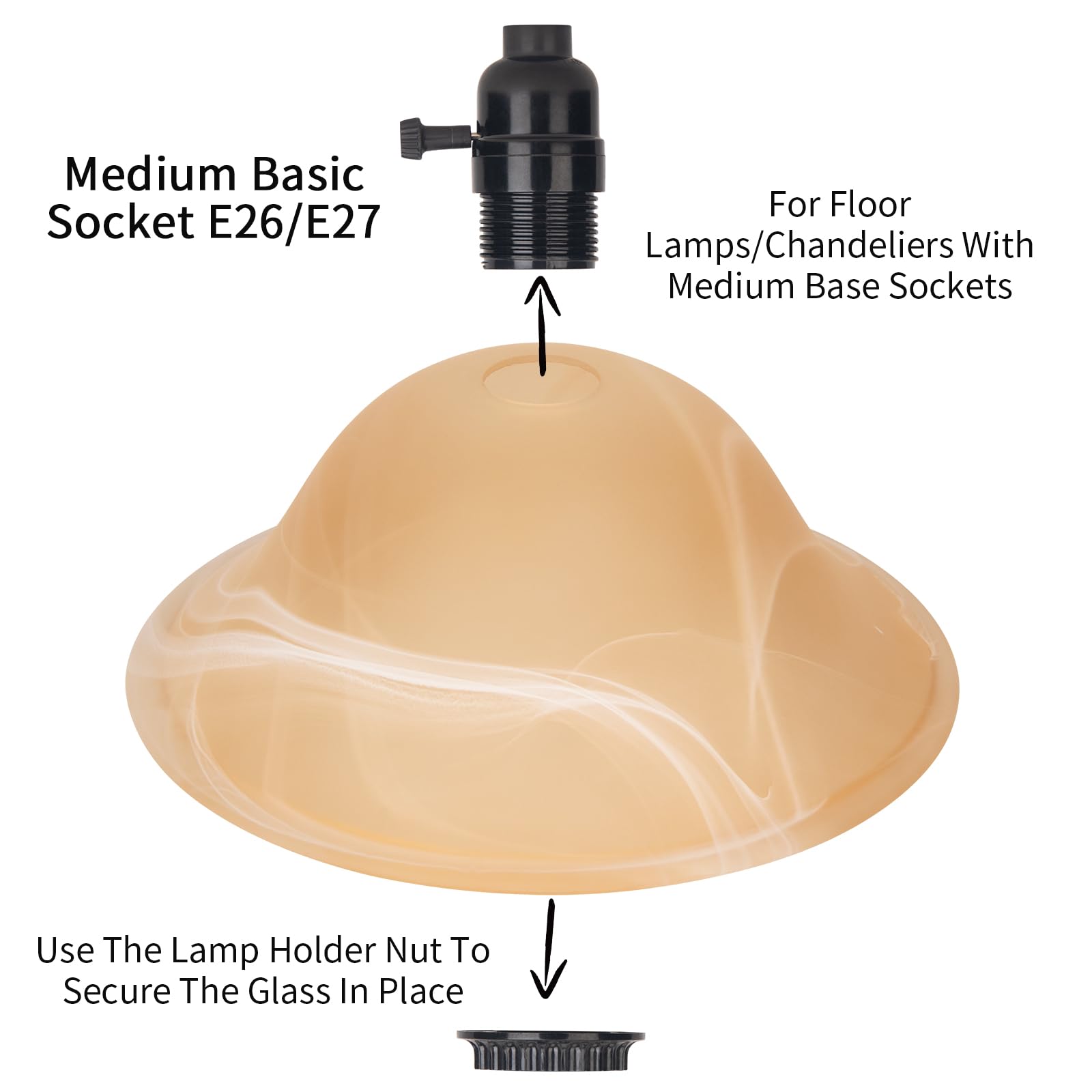 HonoDing Glass Lamp Shade Replacement for E26 Torchiere Floor Lamps, Amber Alabaster Bowl Shade, Model CX00035