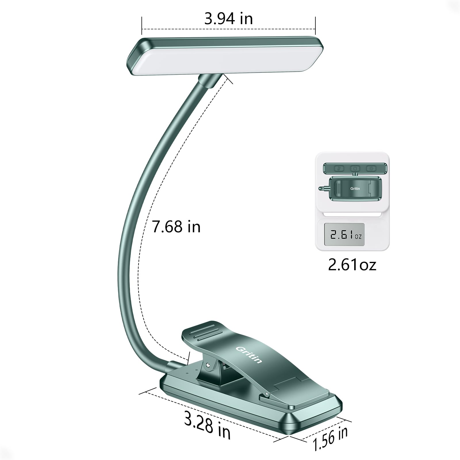 Gritin Rechargeable Book Light with Memory Function, 3 Color Temperatures, Stepless Dimming, Blackish Green, Model G1326