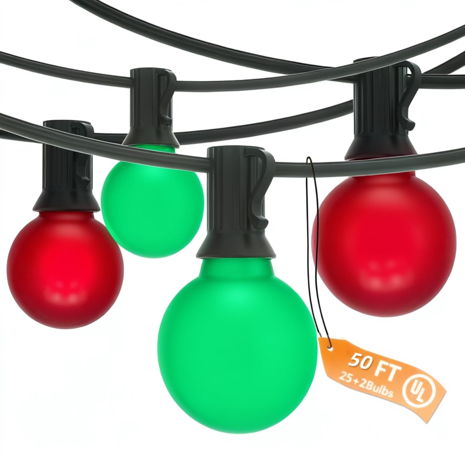 Pallerina 50Ft Outdoor Frosted Red And Green Christmas Lights Led G40 Globe Patio Christmas Lights With 25 Red And Green Bulbs(2 Spare) Vintage Hanging Light For Tree Garden Porches Xmas Holiday