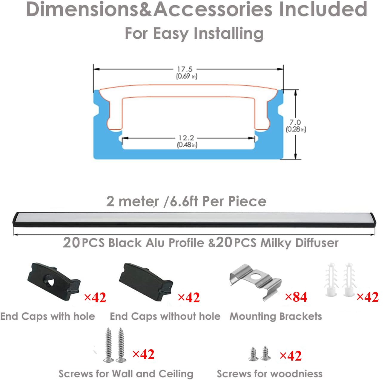 Besseto 20Pack 6.6Ft/2M Black Led Aluminum Channel,Led Strip Light Diffuser Aluminum Channel Profile Housing Extrusion For Under Cabinet Counter And Stairs (Black-20Pack 6.6Ft)