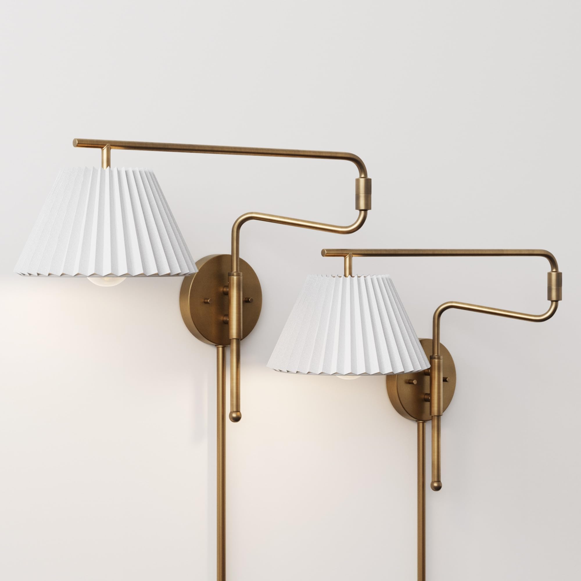 Nathan James Kai Modern Wall Mounted Plugin Bedside Reading Lamp with Pleated Shade, Vintaged Brass Finish, Set of 2