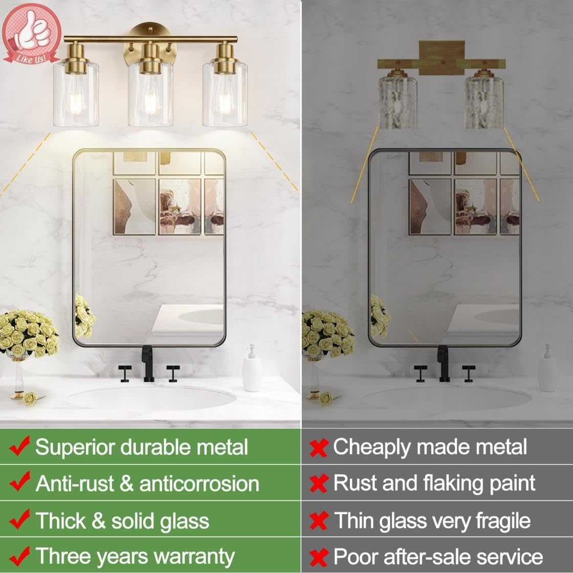 3-Light Bathroom Light Fixtures, Brushed Brass Bathroom Wall Lights With Clear Glass Shade, Modern Bathroom Wall Lamp For Mirror