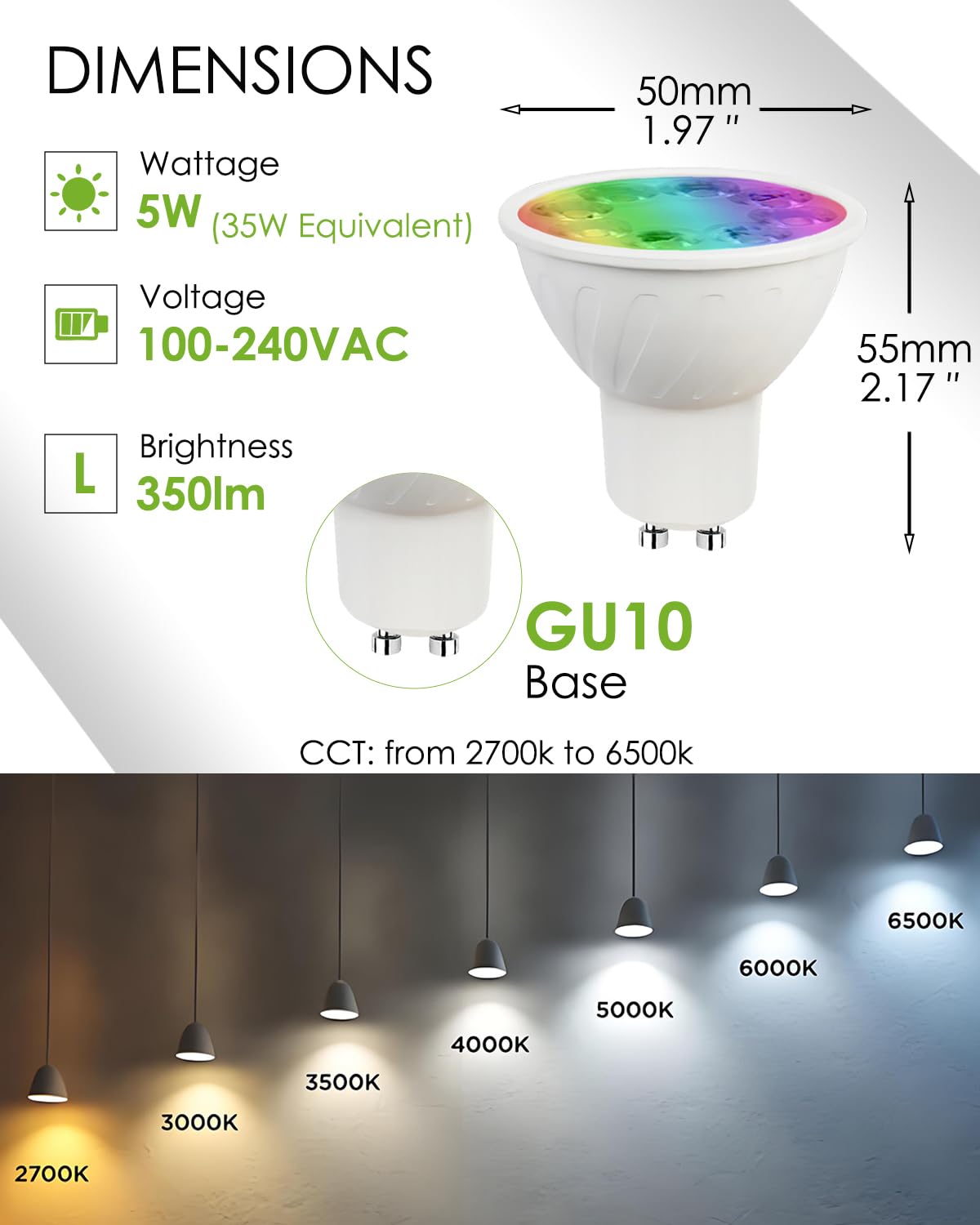 Noobibaba GU10 LED Bulbs 5W, RGB + Adjustable White 2700K-6000K, Aluminum, 3-Pack, Remote Control