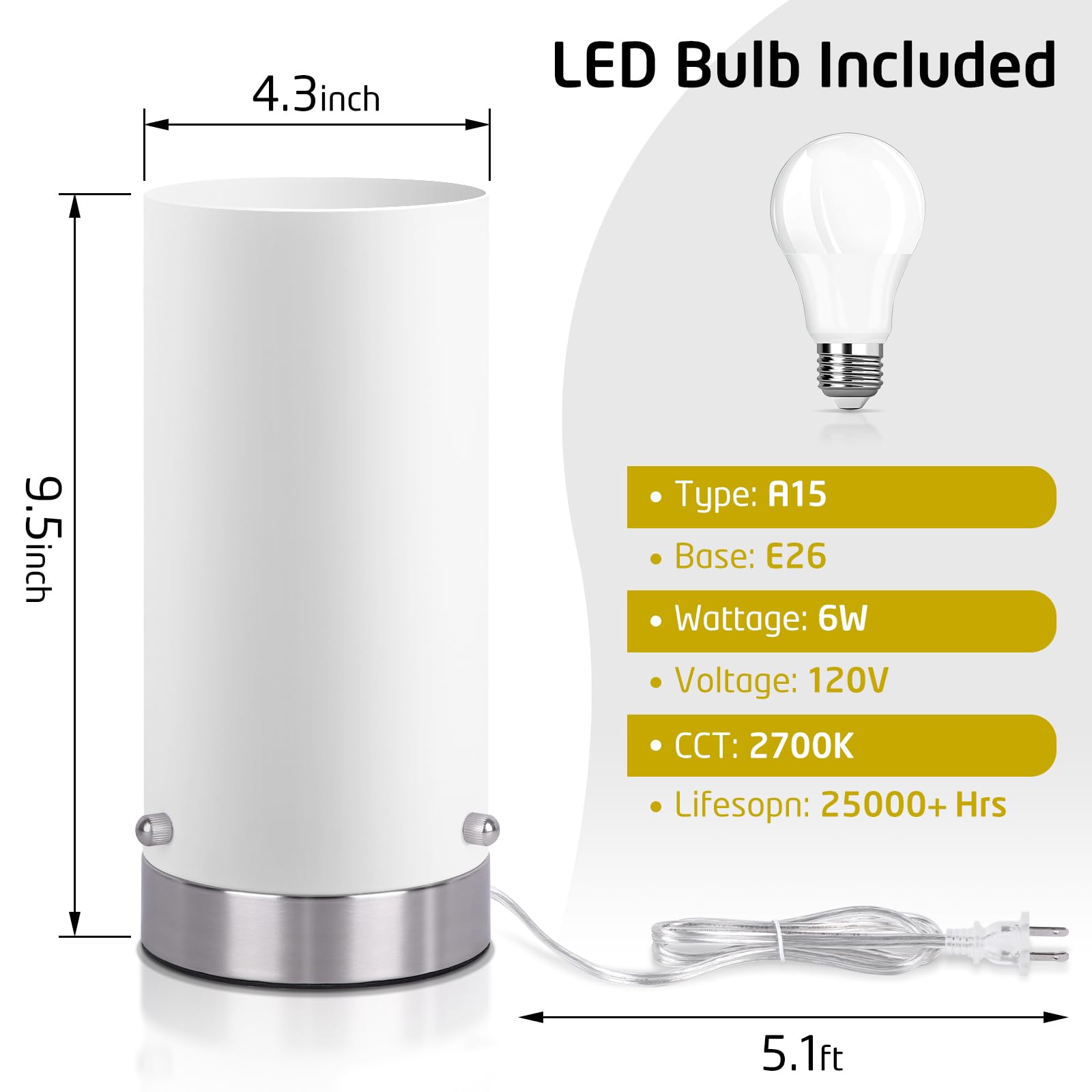 Kukobo 3-Way Dimmable Touch Control Bedside Table Lamp, Modern Glass Design, Medium Size, Nickel Finish, Includes 2700K 6W Bulb