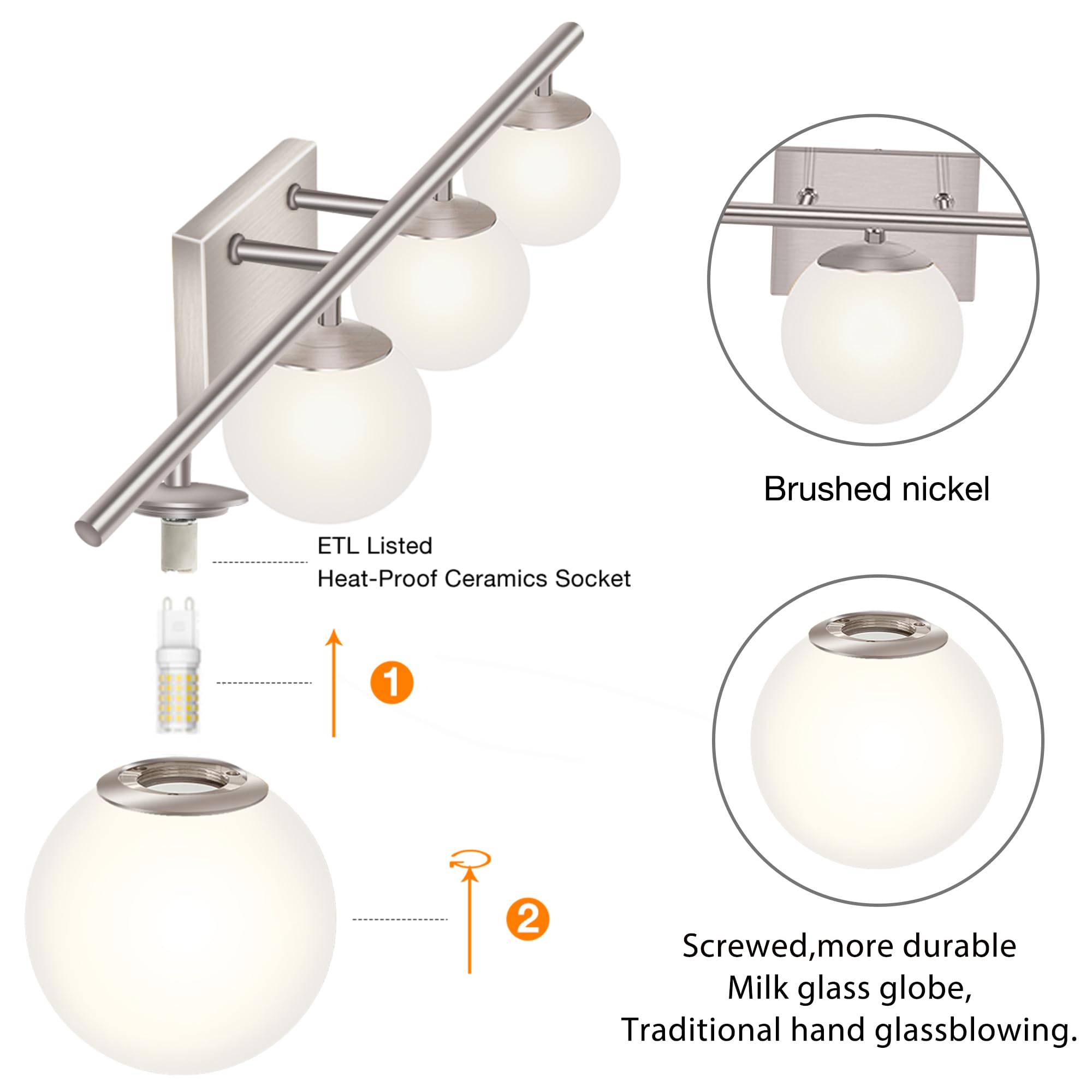 YHTlaeh New Bathroom Vanity Light Fixtures 4 Lights Brushed Nickel Glass Shade Modern Wall Bar Sconce Over Mirror((Exclude G9 Bu