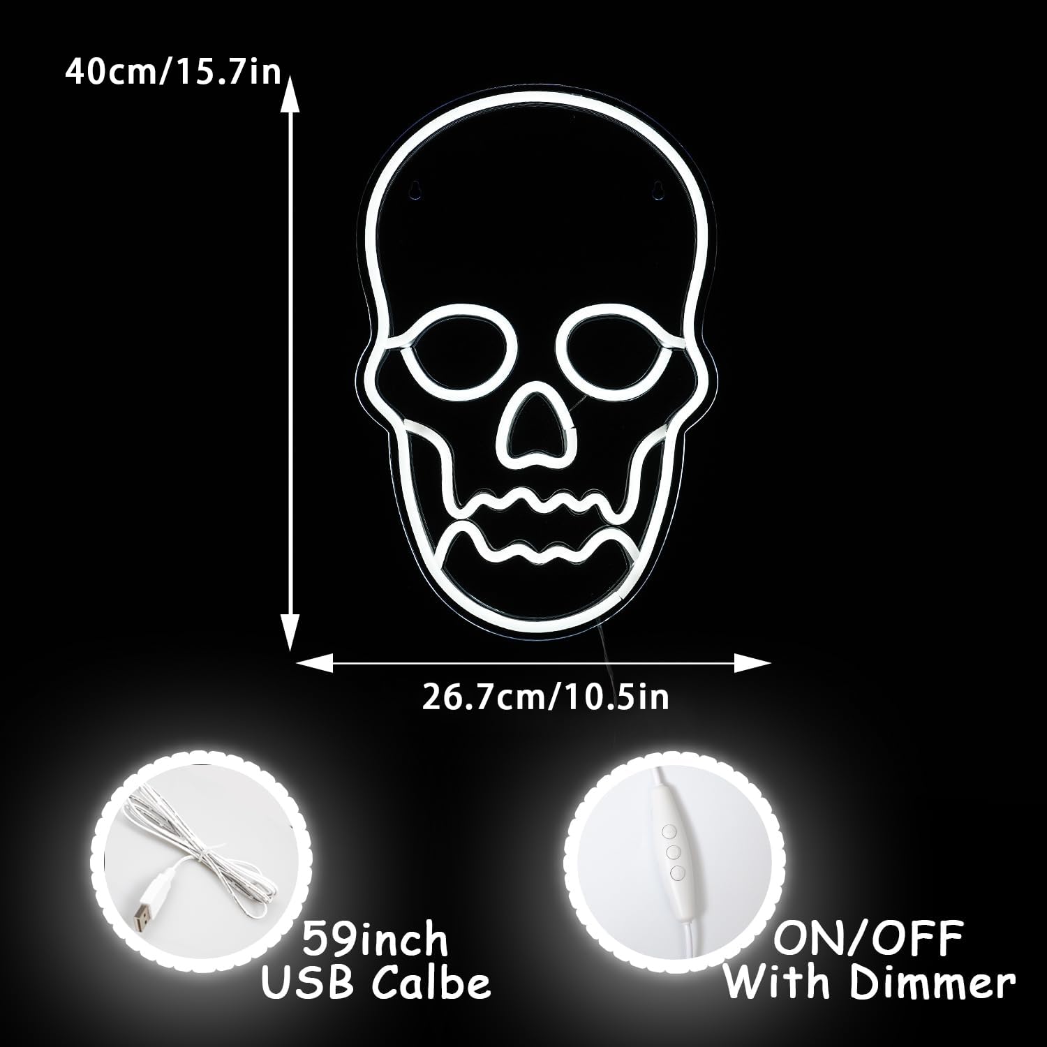 Alkkign Skull Neon Sign, White Ghost LED Light for Halloween, Man Cave, Game Room, Plastic Material